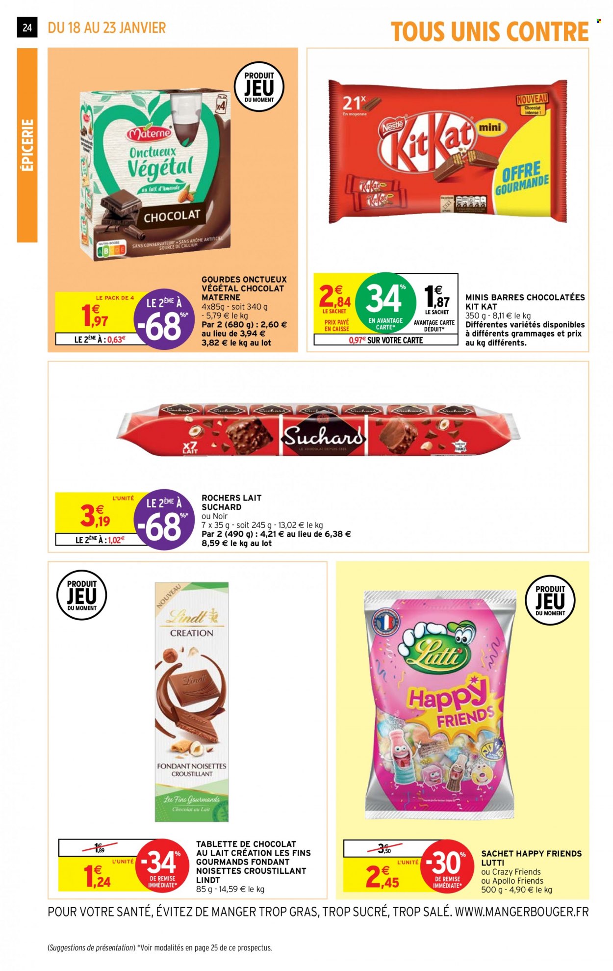 thumbnail - Catalogue Intermarché Super - 18/01/2022 - 23/01/2022 - Produits soldés - gourde, chocolat, Lindt, Lutti, KitKat, Suchard. Page 24.