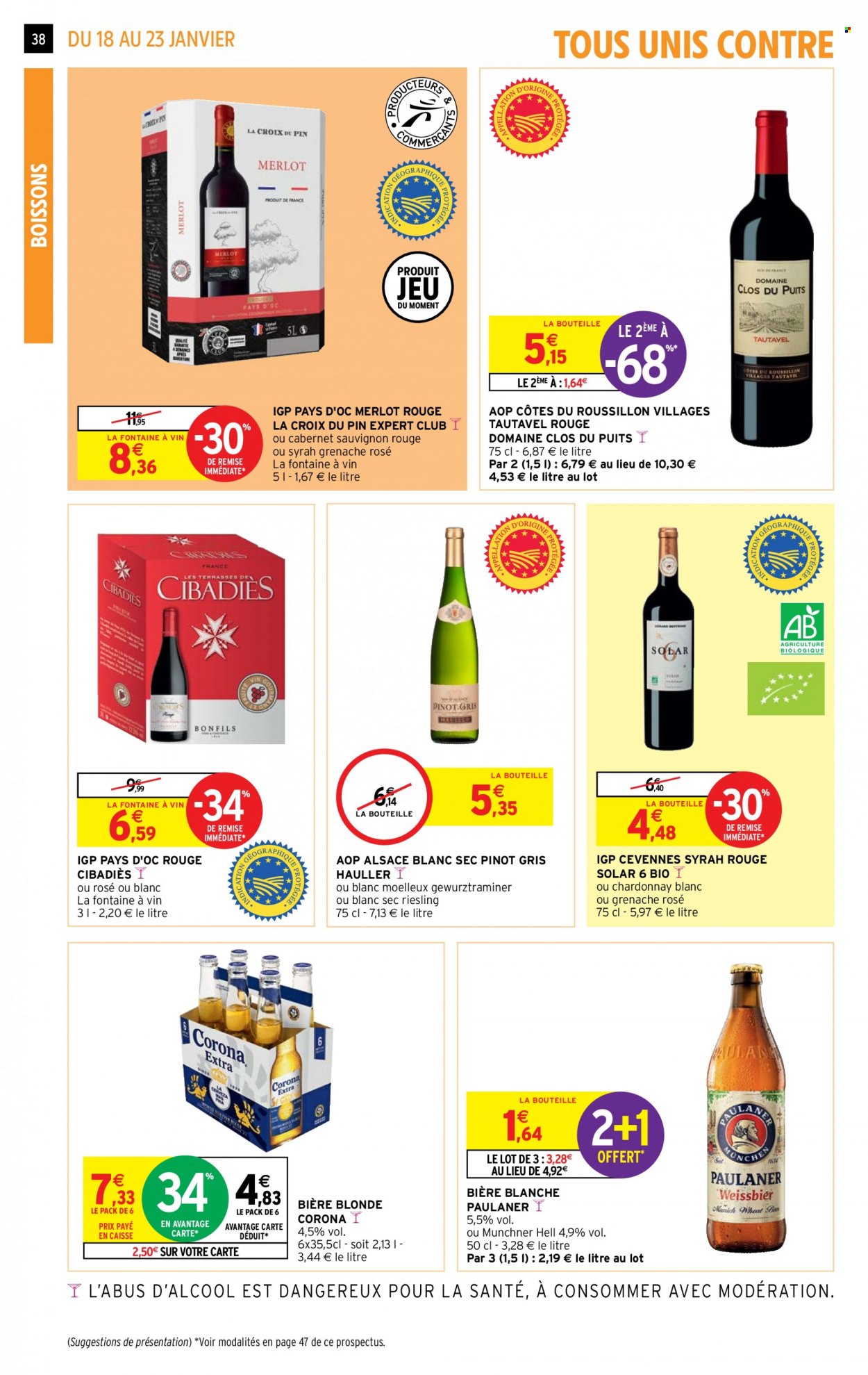 thumbnail - Catalogue Intermarché Hyper - 18/01/2022 - 23/01/2022 - Produits soldés - bière, bière blonde, Côtes du Roussillon, vin blanc, Pinot Gris, Cabernet Sauvignon, Riesling. Page 38.