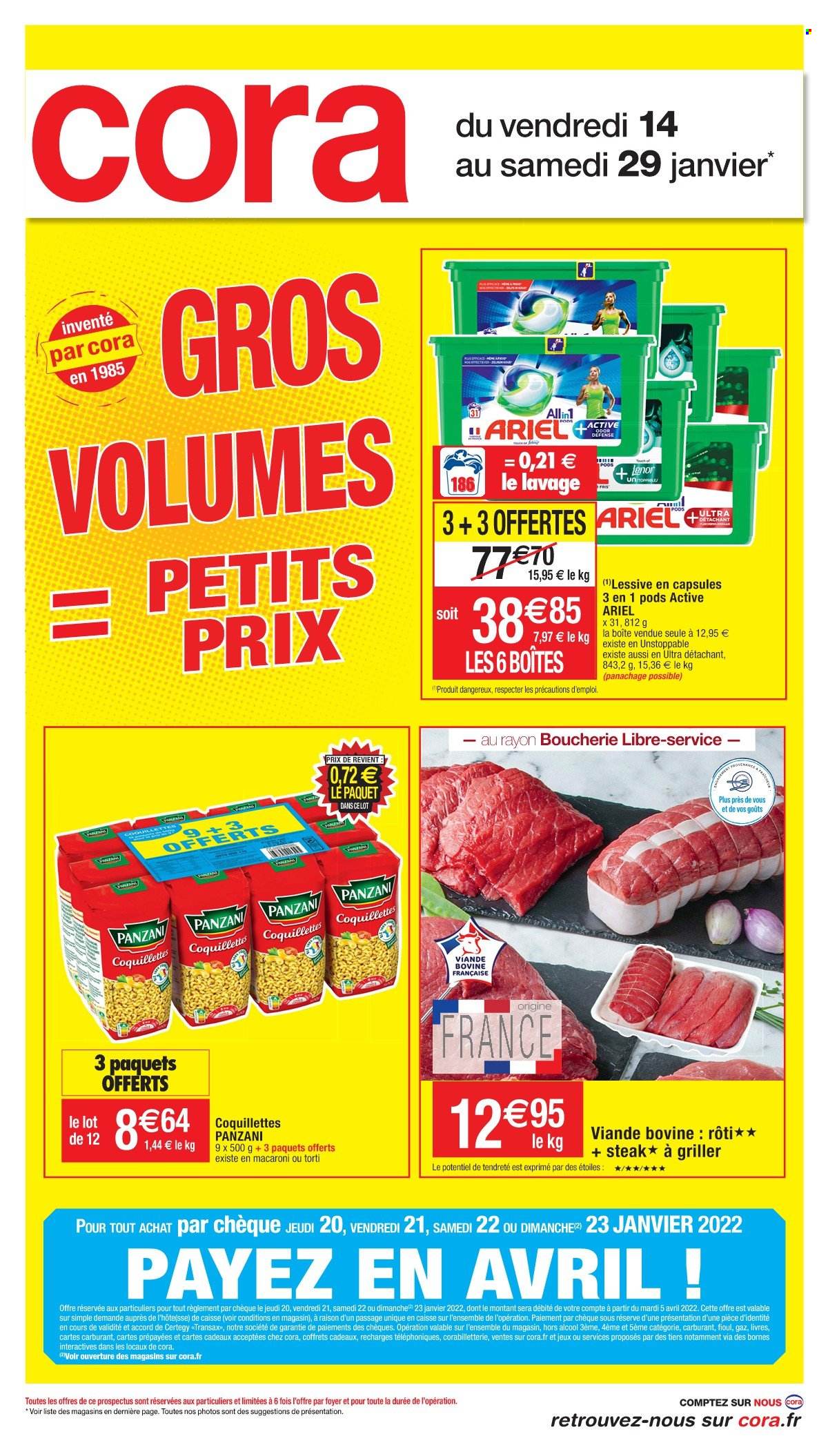 thumbnail - Catalogue Cora - 14/01/2022 - 29/01/2022 - Produits soldés - steak, alcool, Panzani, pâtes, macaroni, Ariel, Lenor. Page 1.