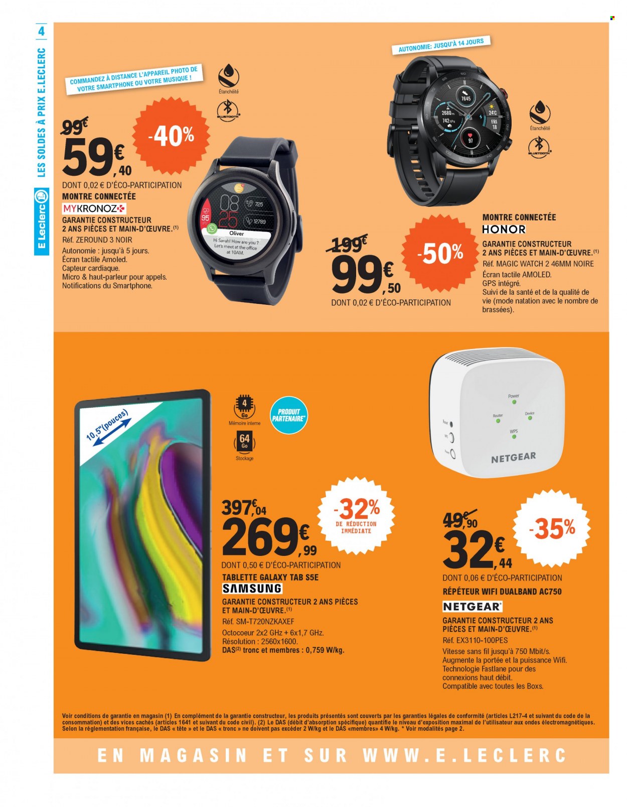 thumbnail - Catalogue E.Leclerc - 12/01/2022 - 08/02/2022 - Produits soldés - Samsung, répéteur WiFi, Netgear, Honor, montre, montre connectée, tablette. Page 4.