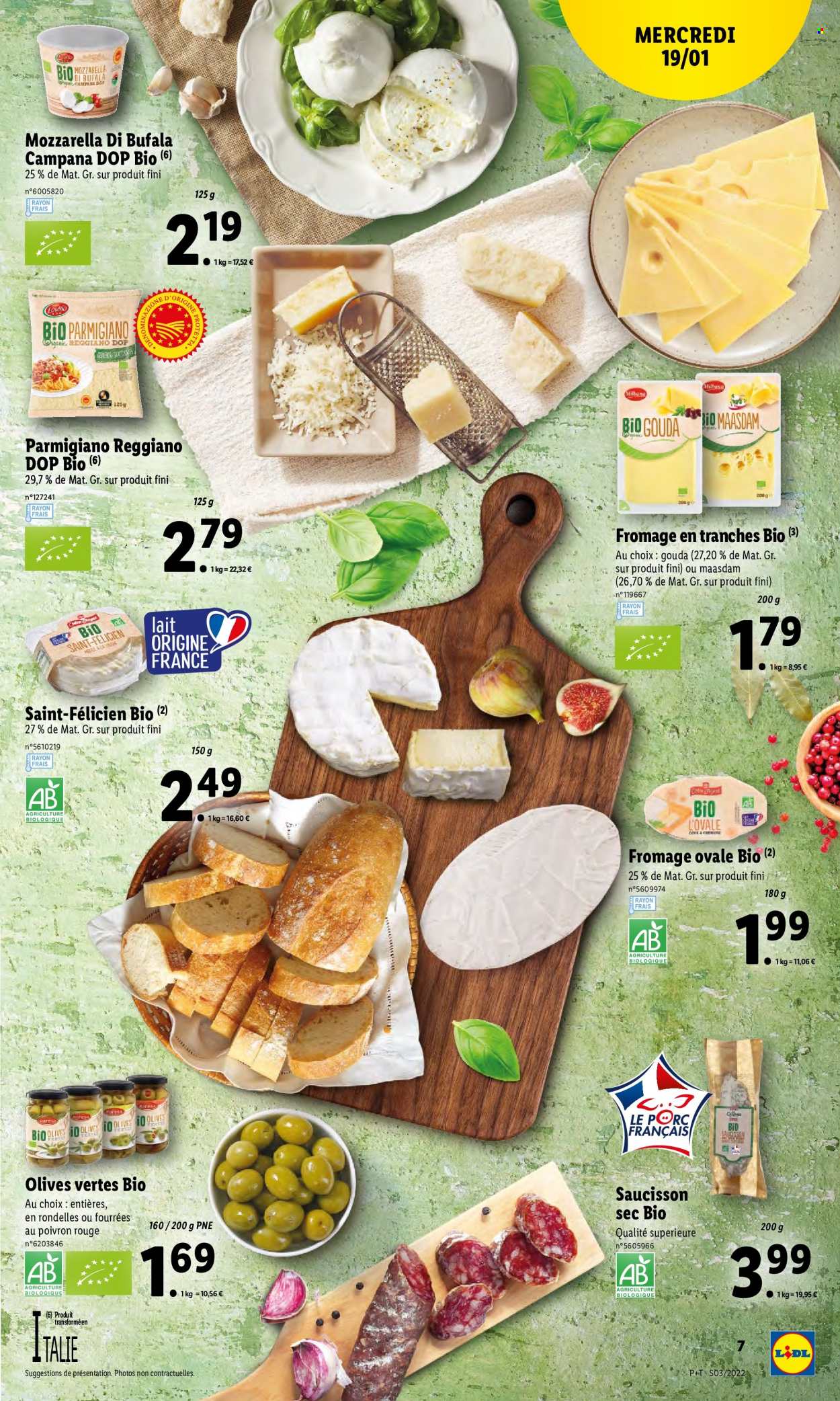 thumbnail - Catalogue Lidl - 19/01/2022 - 25/01/2022 - Produits soldés - saucisson, mozzarella, parmesan, Saint-Félicien, lait, olives, olives vertes. Page 9.