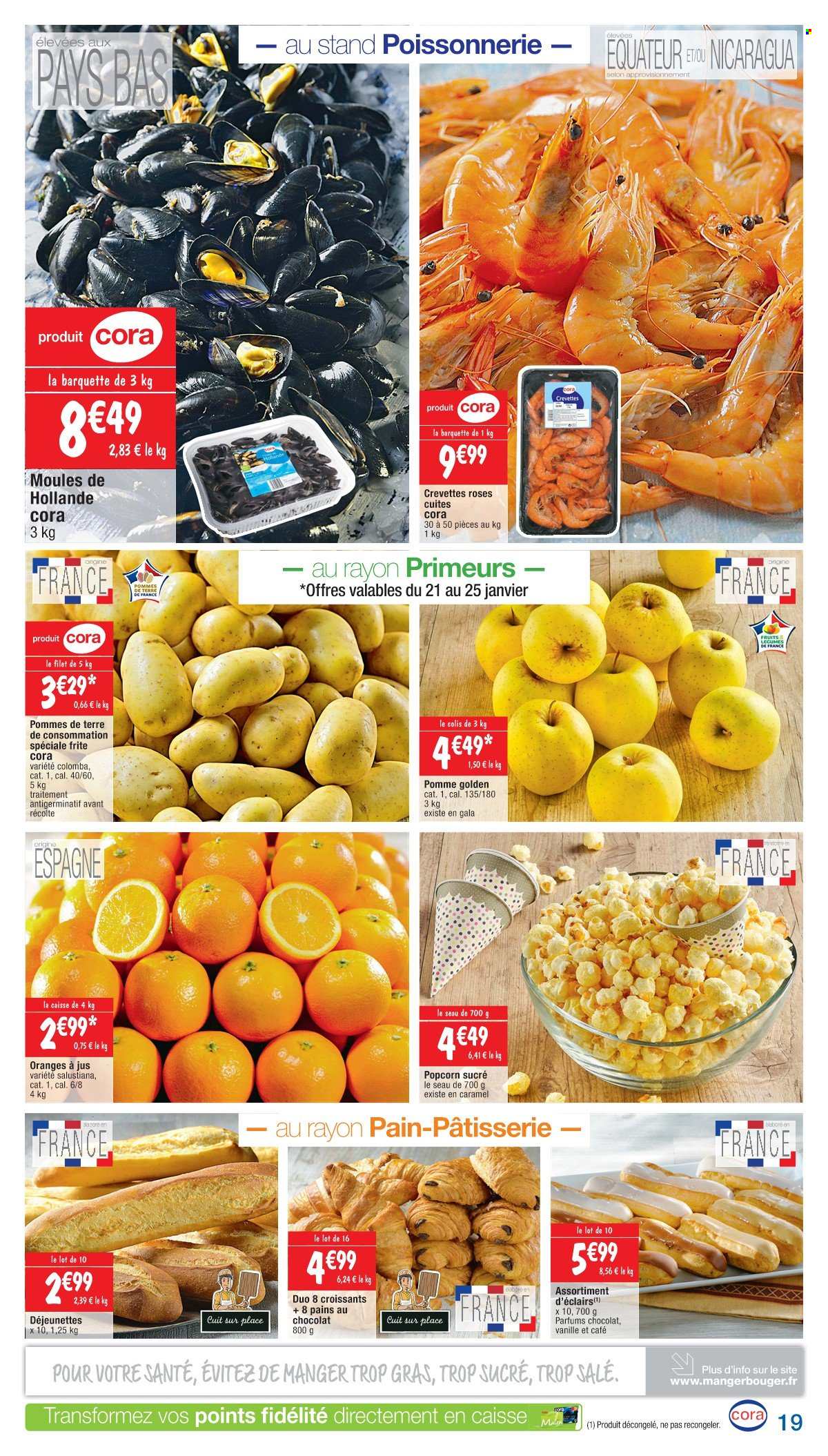 thumbnail - Catalogue Cora - 21/01/2022 - 05/02/2022 - Produits soldés - pommes de terre, croissant, éclair, pain au chocolat, crevettes, moules, popcorn, café. Page 19.
