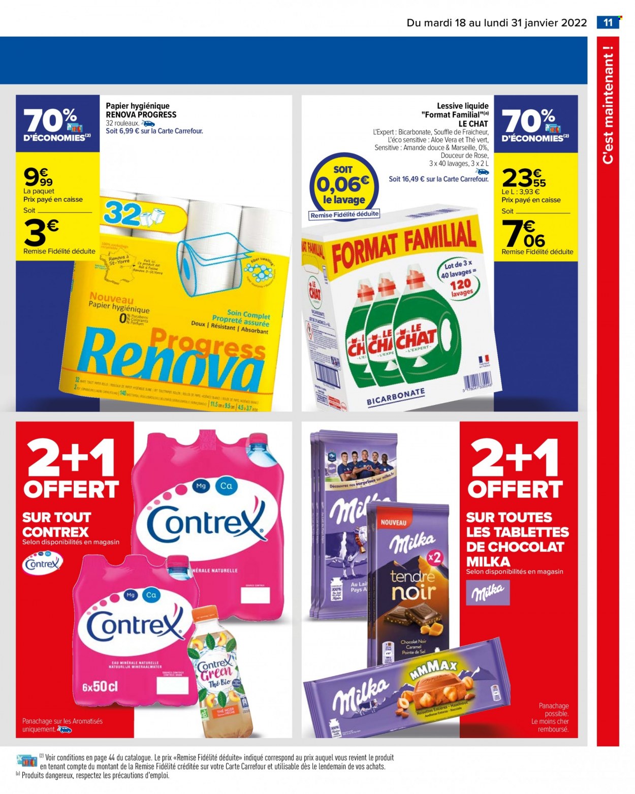 thumbnail - Catalogue Carrefour Hypermarchés - 18/01/2022 - 31/01/2022 - Produits soldés - Milka, chocolat, thé, thé vert, Le Chat, papier toilette, lessive. Page 11.