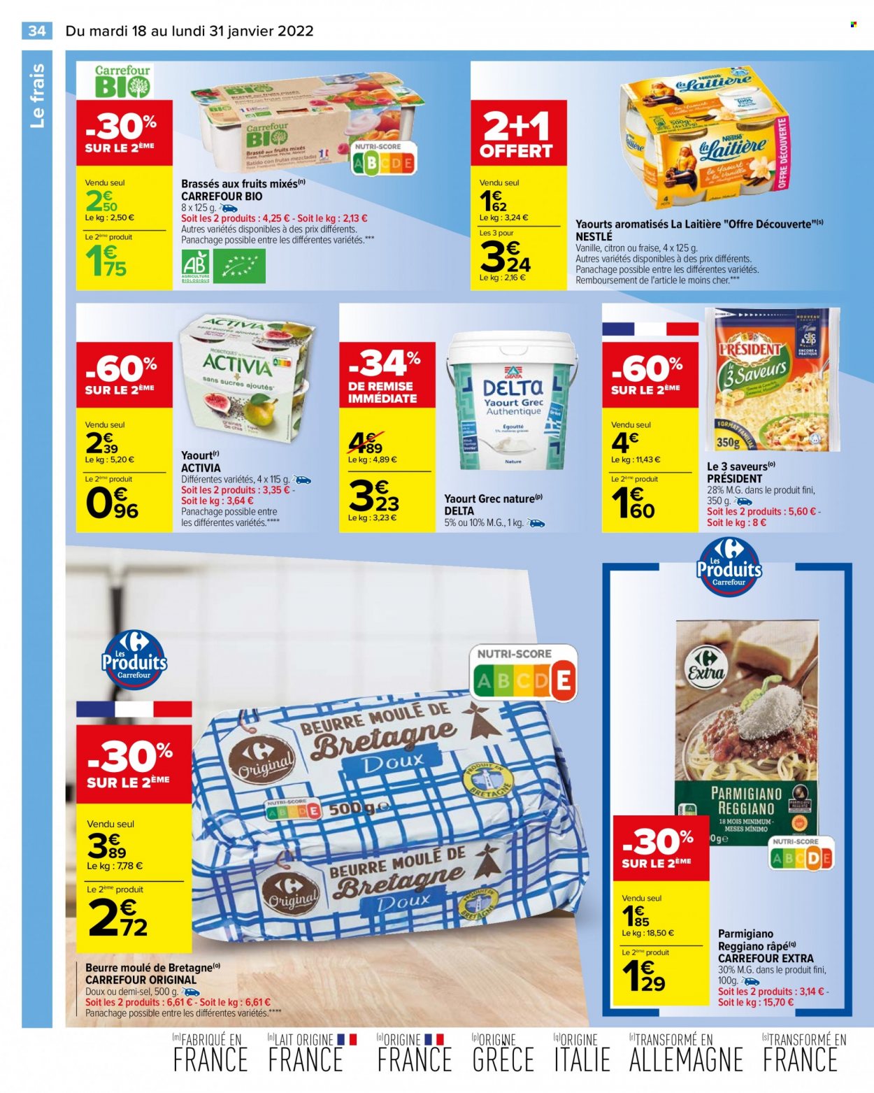 thumbnail - Catalogue Carrefour Hypermarchés - 18/01/2022 - 31/01/2022 - Produits soldés - Président, Activia, yaourt, Nestlé, dessert au lait, lait, beurre. Page 34.