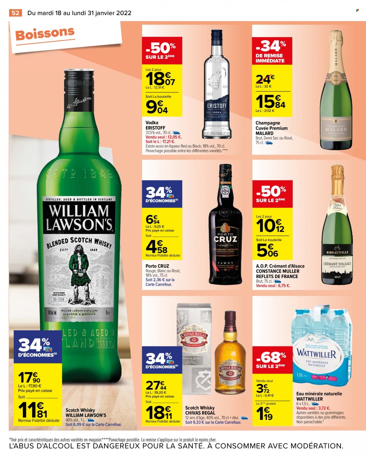 thumbnail - Catalogue Carrefour Hypermarchés - 18/01/2022 - 31/01/2022 - Produits soldés - eau minérale, eau minérale naturelle, Crémant d’Alsace, champagne, vodka, whisky, liqueur, William Lawson's. Page 52.