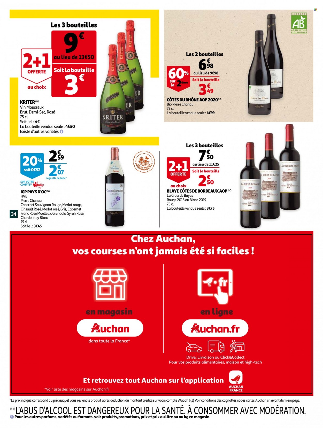 thumbnail - Catalogue Auchan - 19/01/2022 - 25/01/2022 - Produits soldés - Bordeaux, Côtes du Rhône, vin blanc, vin rouge, vin, Cabernet Sauvignon, maison. Page 34.