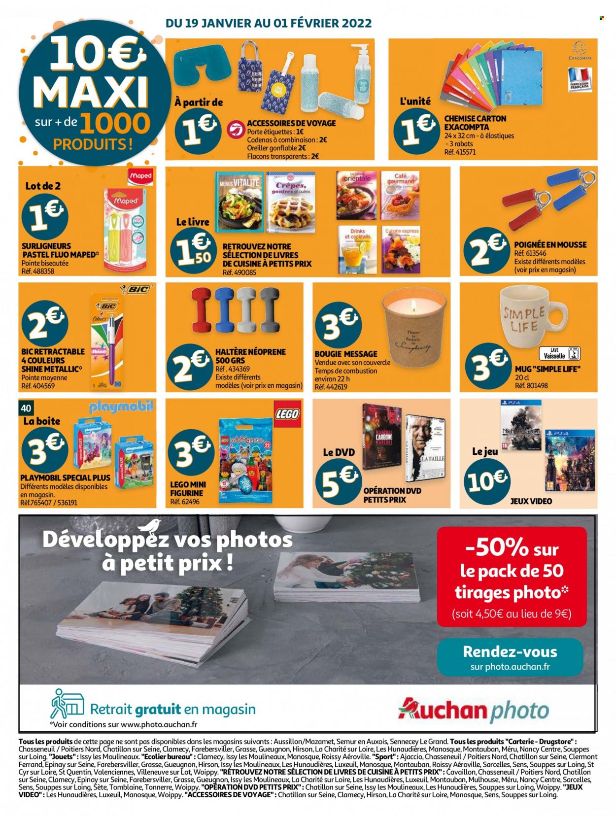 thumbnail - Catalogue Auchan - 19/01/2022 - 25/01/2022 - Produits soldés - crêpes, figurine, café, BIC, mug, surligneur, bougie, livre, DVD, oreiller, chemise, haltère, Playmobil, Lego. Page 40.