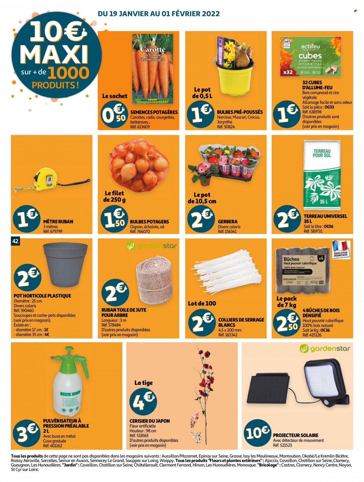 thumbnail - Catalogue Auchan - 19/01/2022 - 25/01/2022 - Produits soldés - ail, betterave, carotte, courgette, radis, pulvérisateur, projecteur, fleur, terreau. Page 42.