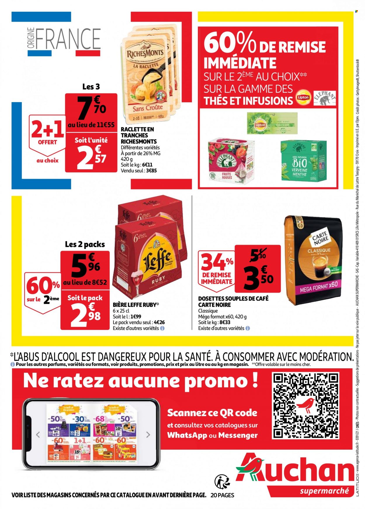 thumbnail - Catalogue Auchan - 19/01/2022 - 25/01/2022 - Produits soldés - Leffe, bière, RichesMonts, La Raclette, Lipton, Carte Noire. Page 20.