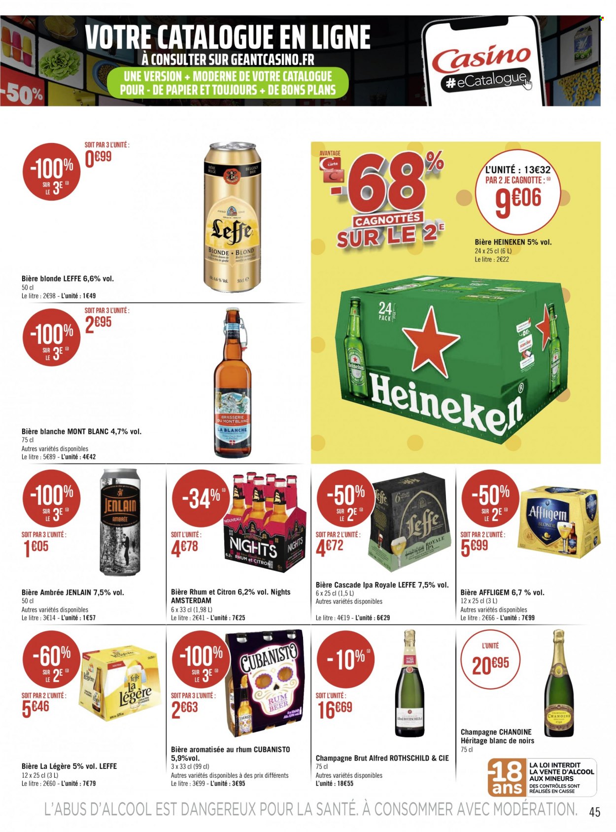 thumbnail - Catalogue Géant Casino - 17/01/2022 - 30/01/2022 - Produits soldés - Leffe, bière, bière blonde, Heineken, Mont Blanc, champagne. Page 45.