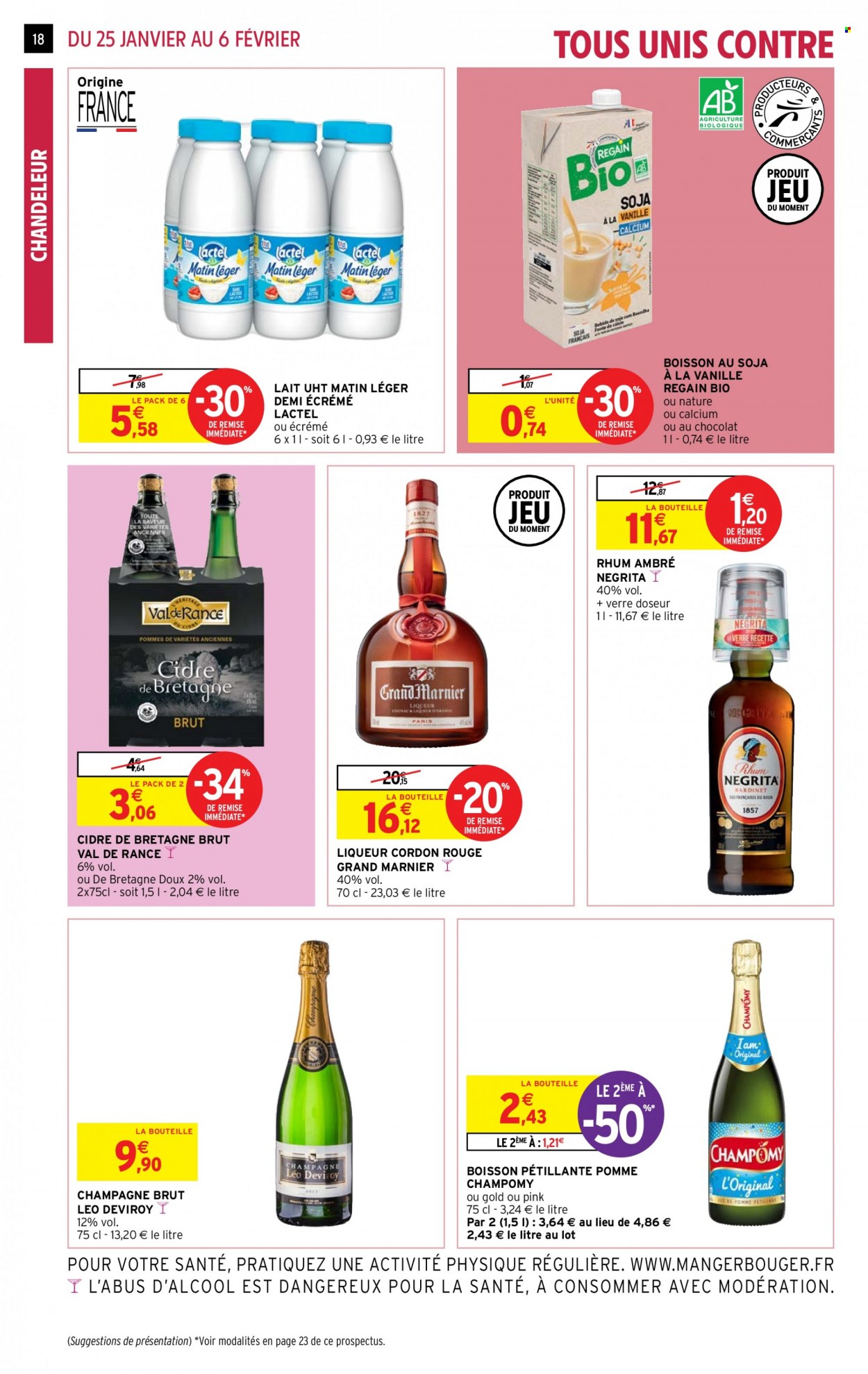thumbnail - Catalogue Intermarché Super - 25/01/2022 - 06/02/2022 - Produits soldés - Lactel, lait, cidre, Grand Marnier, rhum, liqueur, verre. Page 18.