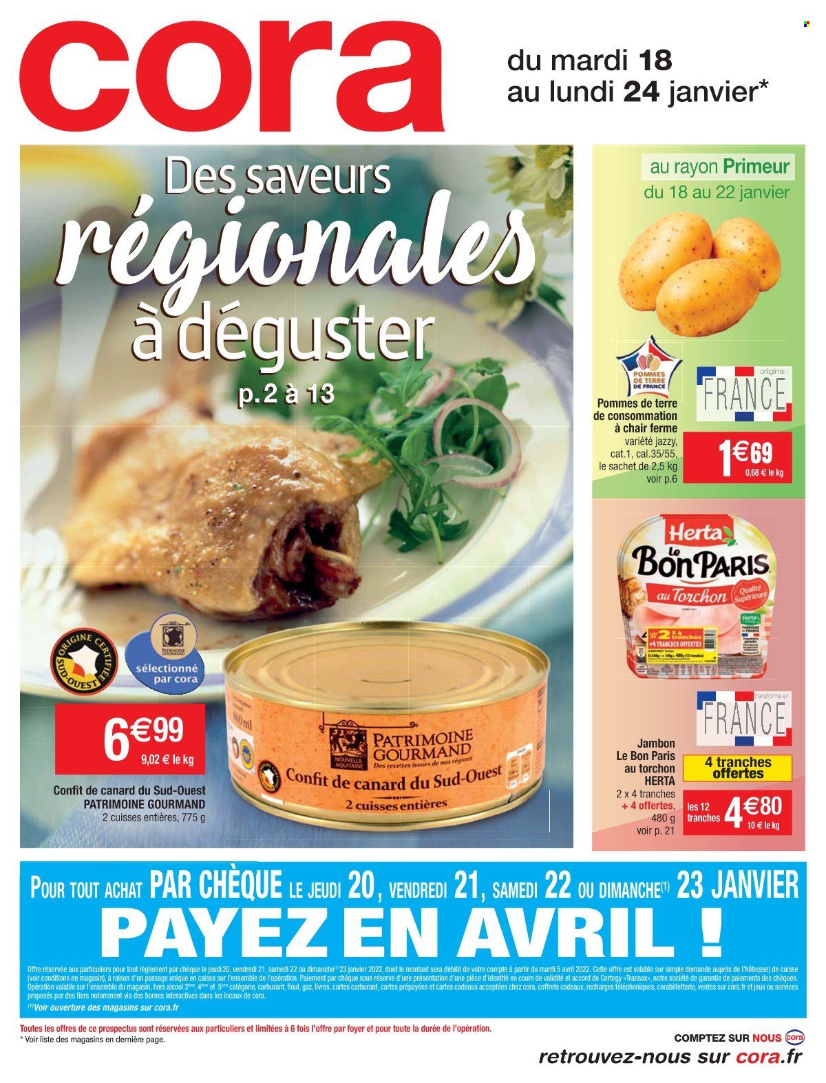 thumbnail - Catalogue Cora - 18/01/2022 - 24/01/2022 - Produits soldés - alcool, pommes de terre, confit de canard, Herta, jambon. Page 1.