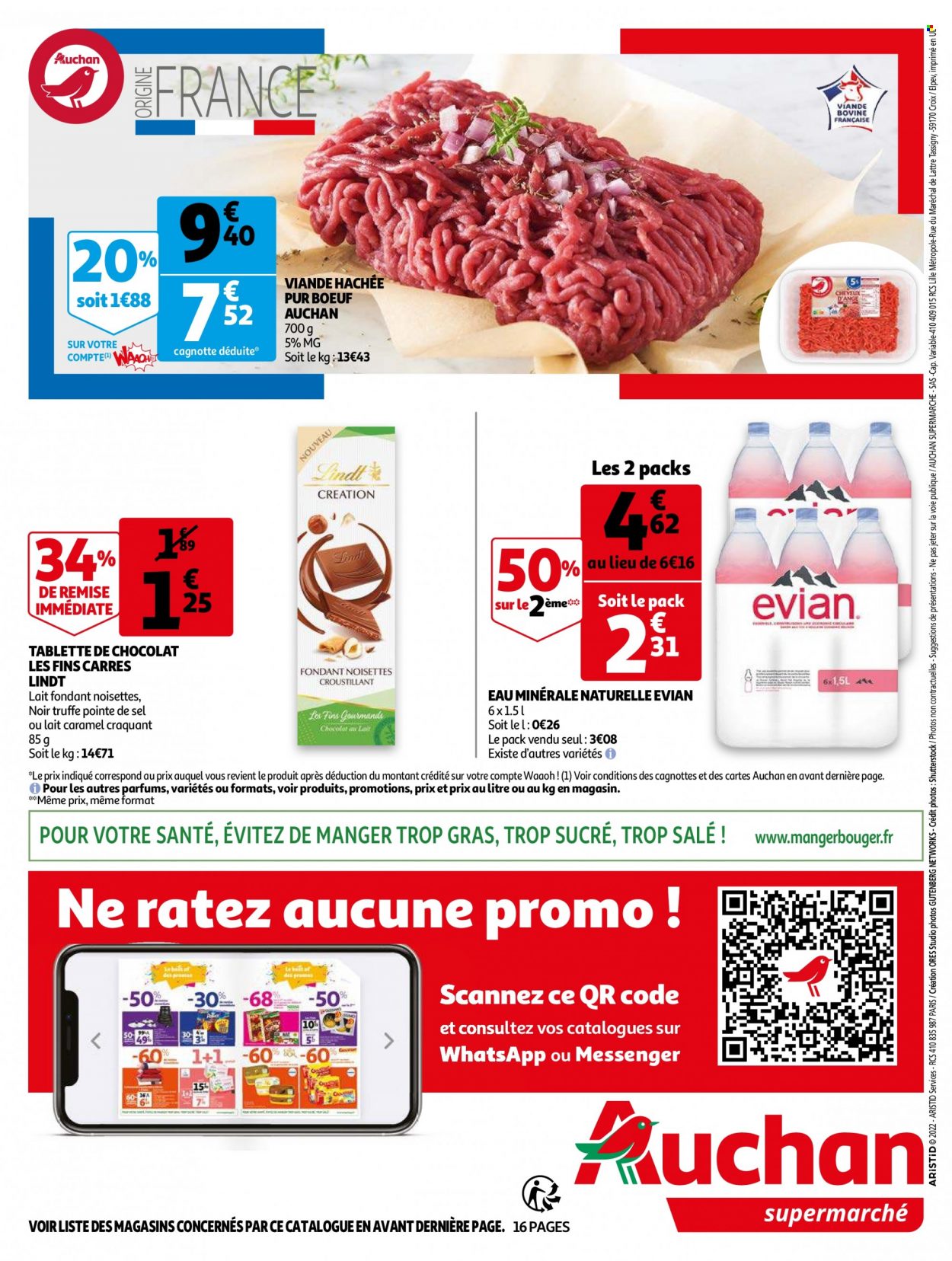 thumbnail - Catalogue Auchan - 26/01/2022 - 01/02/2022 - Produits soldés - truffe, viande hachée, Lindt, eau minérale, eau minérale naturelle, Évian. Page 16.