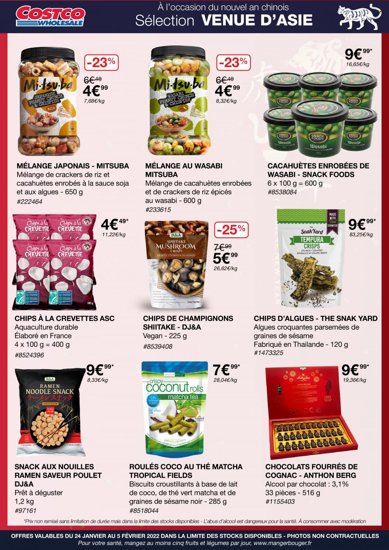 thumbnail - Catalogue Costco - 24/01/2022 - 05/02/2022 - Produits soldés - champignon, crevettes, nouilles, chocolat, chips, crackers, wasabi, thé, thé vert, cognac. Page 1.