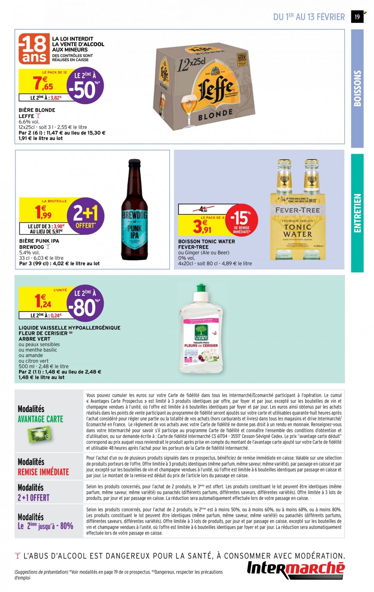 thumbnail - Catalogue Intermarché Express - 01/02/2022 - 13/02/2022 - Produits soldés - Leffe, bière, bière blonde, Brewdog, basilic, menthe, tonic, champagne, liquide vaisselle. Page 19.
