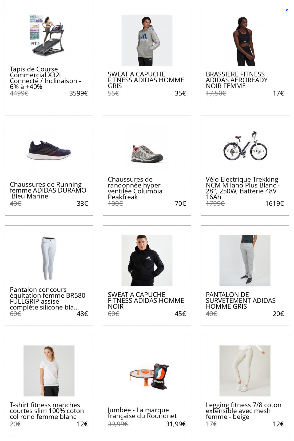 thumbnail - Catalogue Decathlon - Produits soldés - Adidas, Columbia, vélo, vélo électrique, pantalon, t-shirt, sweat-shirt, brassière, leggings. Page 2.