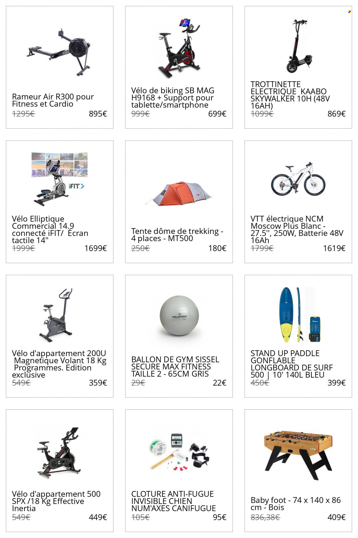 thumbnail - Catalogue Decathlon - Produits soldés - VTT Rockrider, trottinette, trottinette électrique, ballon, rameur, longboard, tente, vélo d'appartement. Page 11.