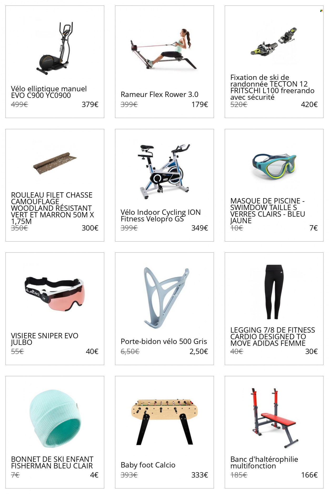 thumbnail - Catalogue Decathlon - Produits soldés - Adidas, leggings, rameur, masque, masque de natation, vélo d'appartement. Page 33.