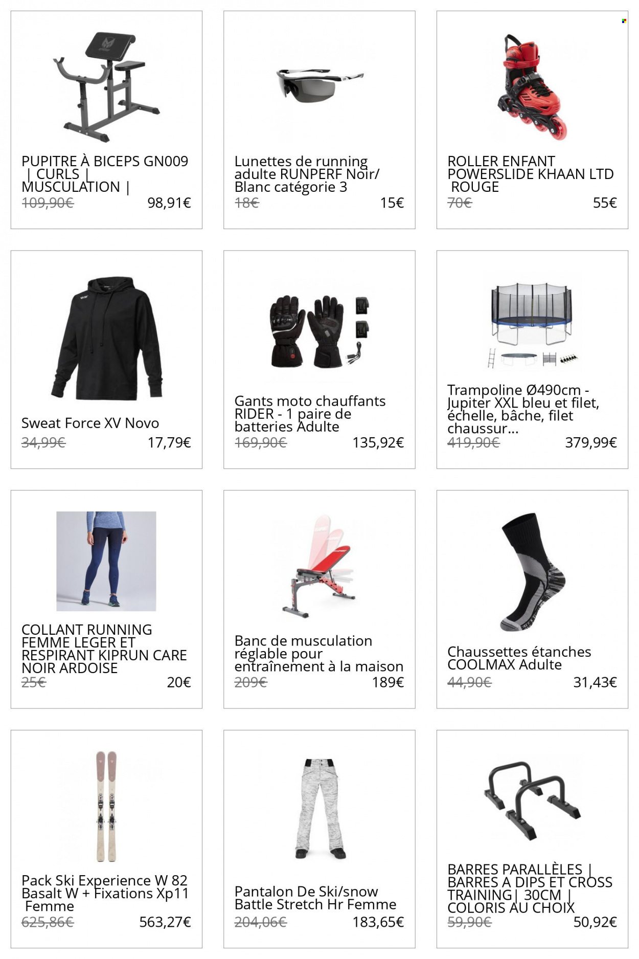thumbnail - Catalogue Decathlon - Produits soldés - pantalon, pantalon de ski, sweat-shirt, collant, chaussettes, gants, lunettes, banc de musculation, trampoline. Page 42.