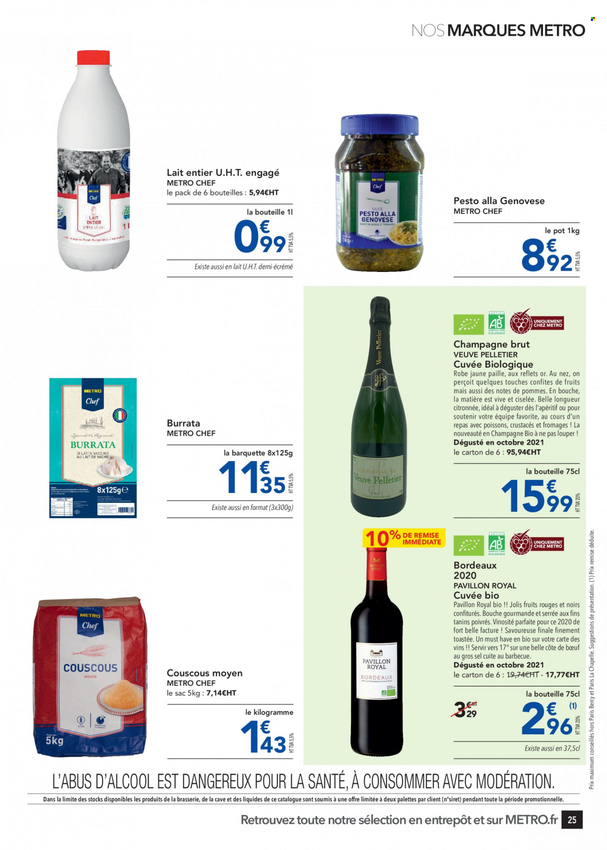 thumbnail - Catalogue Metro - 20/10/2021 - 30/09/2022 - Produits soldés - burrata, sel, couscous, pesto, Bordeaux, champagne, vin rouge, robe, sac à main. Page 25.