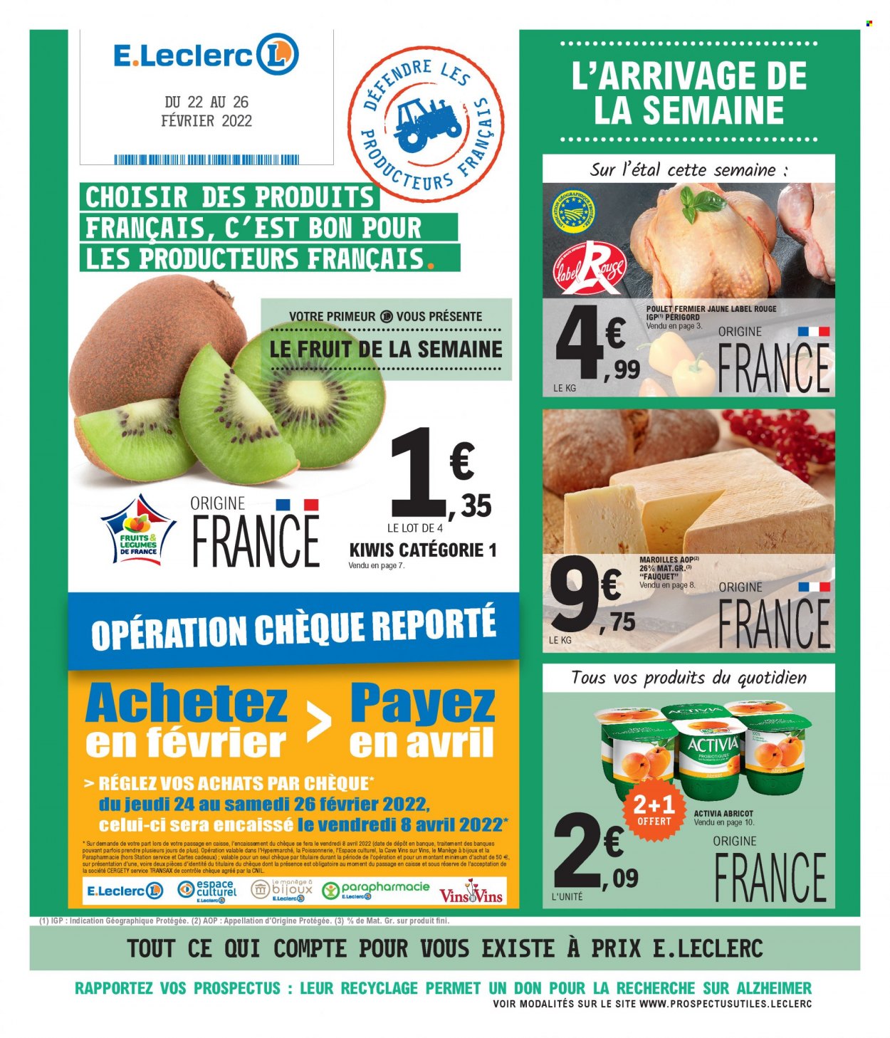 thumbnail - Catalogue E.Leclerc - 22/02/2022 - 26/06/2022 - Produits soldés - kiwi, poulet, Maroilles, Activia, vin. Page 1.