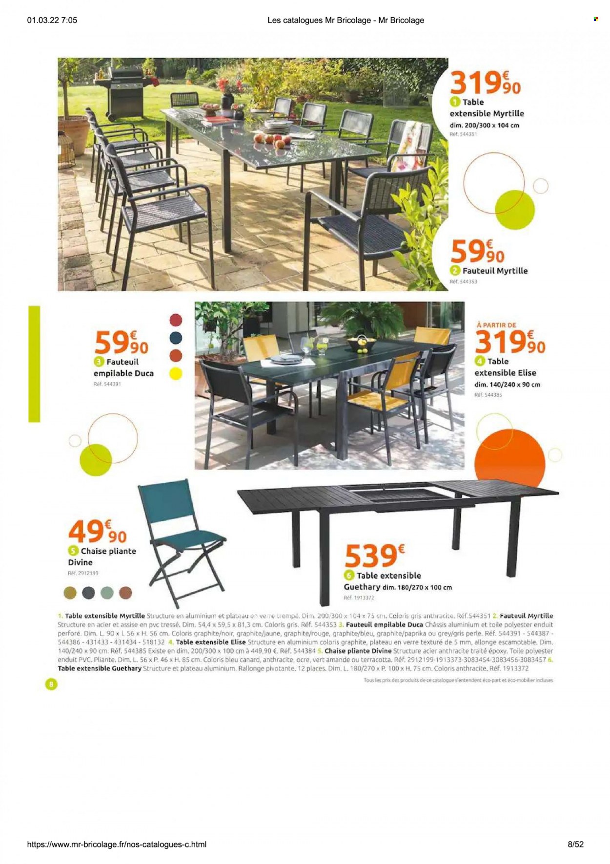 thumbnail - Catalogue Mr. Bricolage - 01/03/2022 - 15/08/2022 - Produits soldés - table, chaise, table extensible, chaise pliante, fauteuil. Page 8.