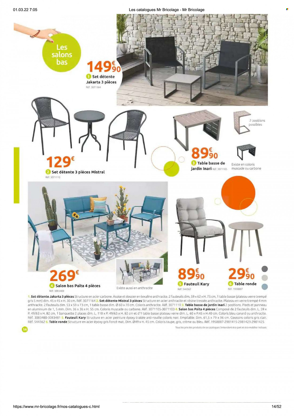 thumbnail - Catalogue Mr. Bricolage - 01/03/2022 - 15/08/2022 - Produits soldés - coussin, table ronde, fauteuil, table basse. Page 14.