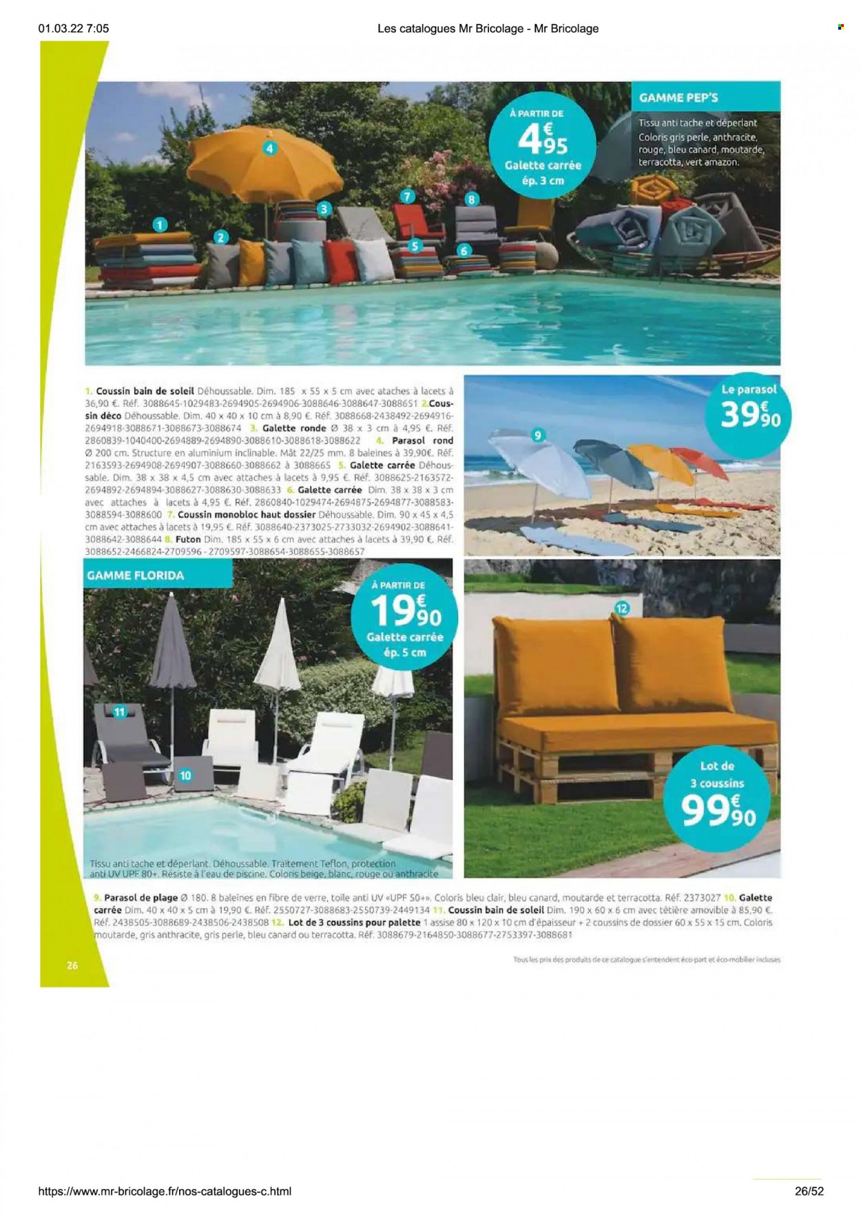 thumbnail - Catalogue Mr. Bricolage - 01/03/2022 - 15/08/2022 - Produits soldés - coussin bain de soleil, coussin, parasol. Page 26.