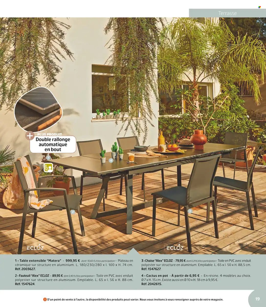 thumbnail - Catalogue Jardiland - 01/03/2022 - 19/06/2022 - Produits soldés - table, table extensible, fauteuil, chaise, cactus. Page 19.