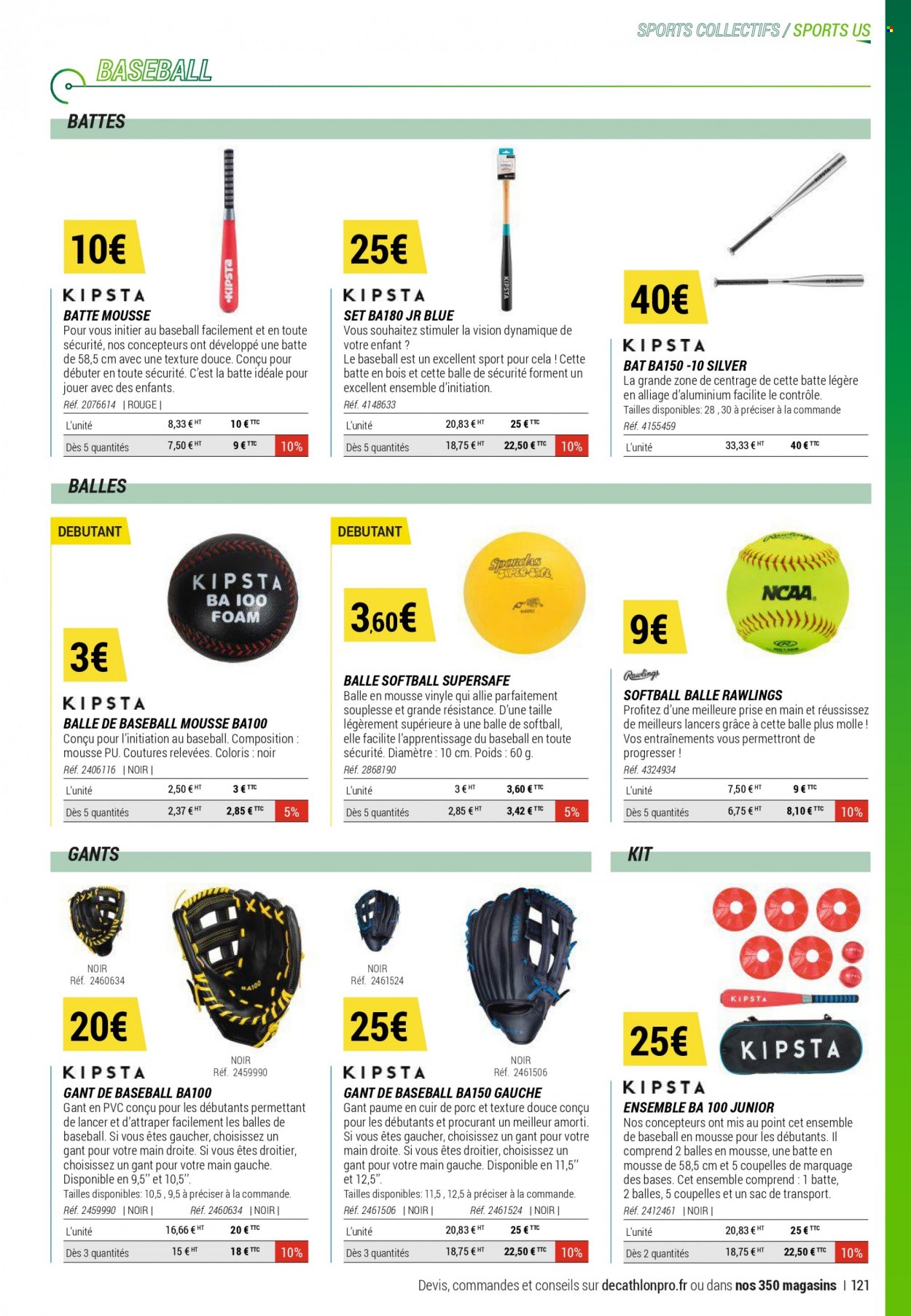 thumbnail - Catalogue Decathlon - Produits soldés - gants, sac de transport, ballon, balle de baseball, ensemble de baseball. Page 121.