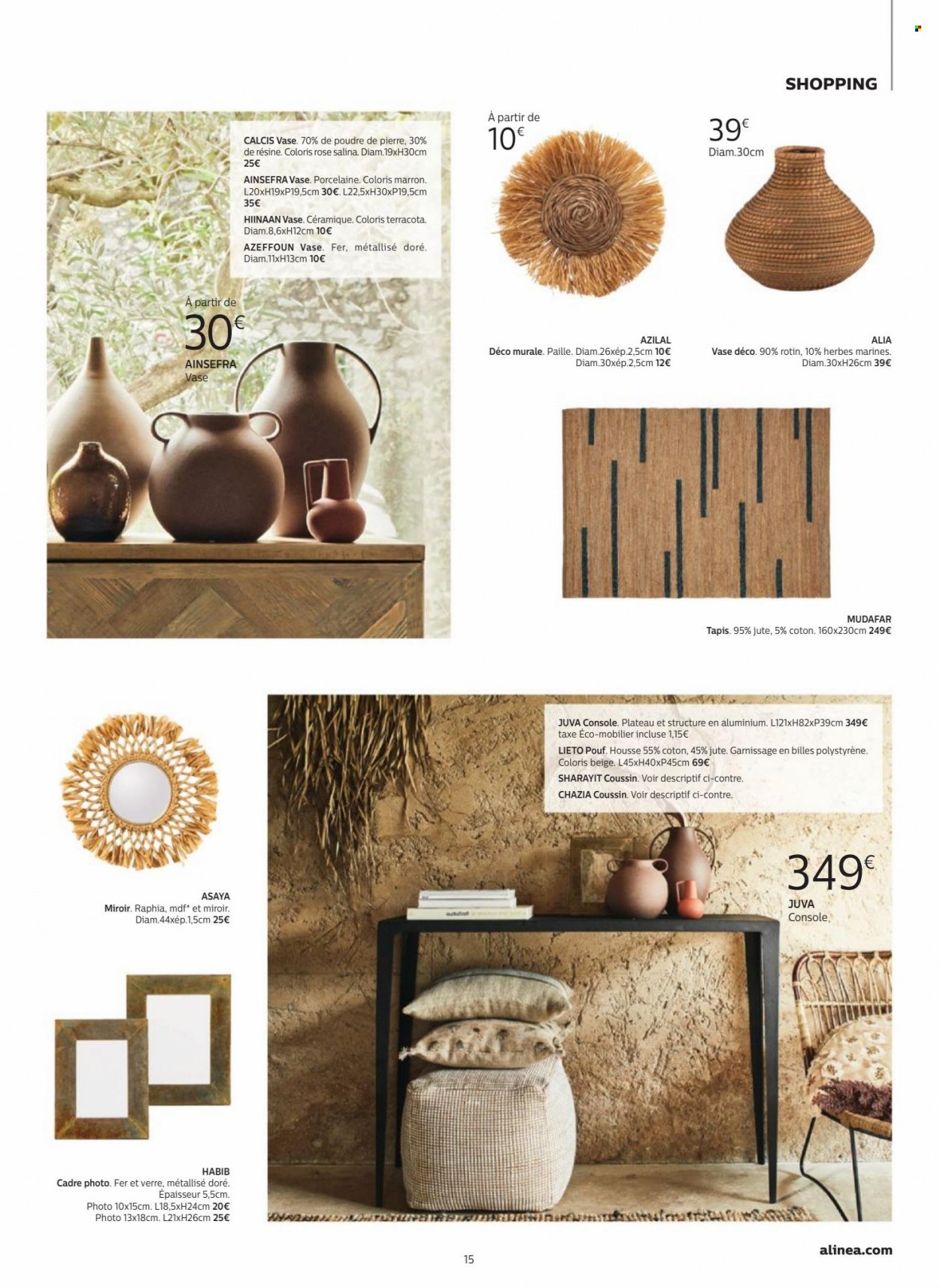 thumbnail - Catalogue alinea - Produits soldés - verre, coussin, tapis, pouf, console, vase, miroir, cadre photo. Page 15.