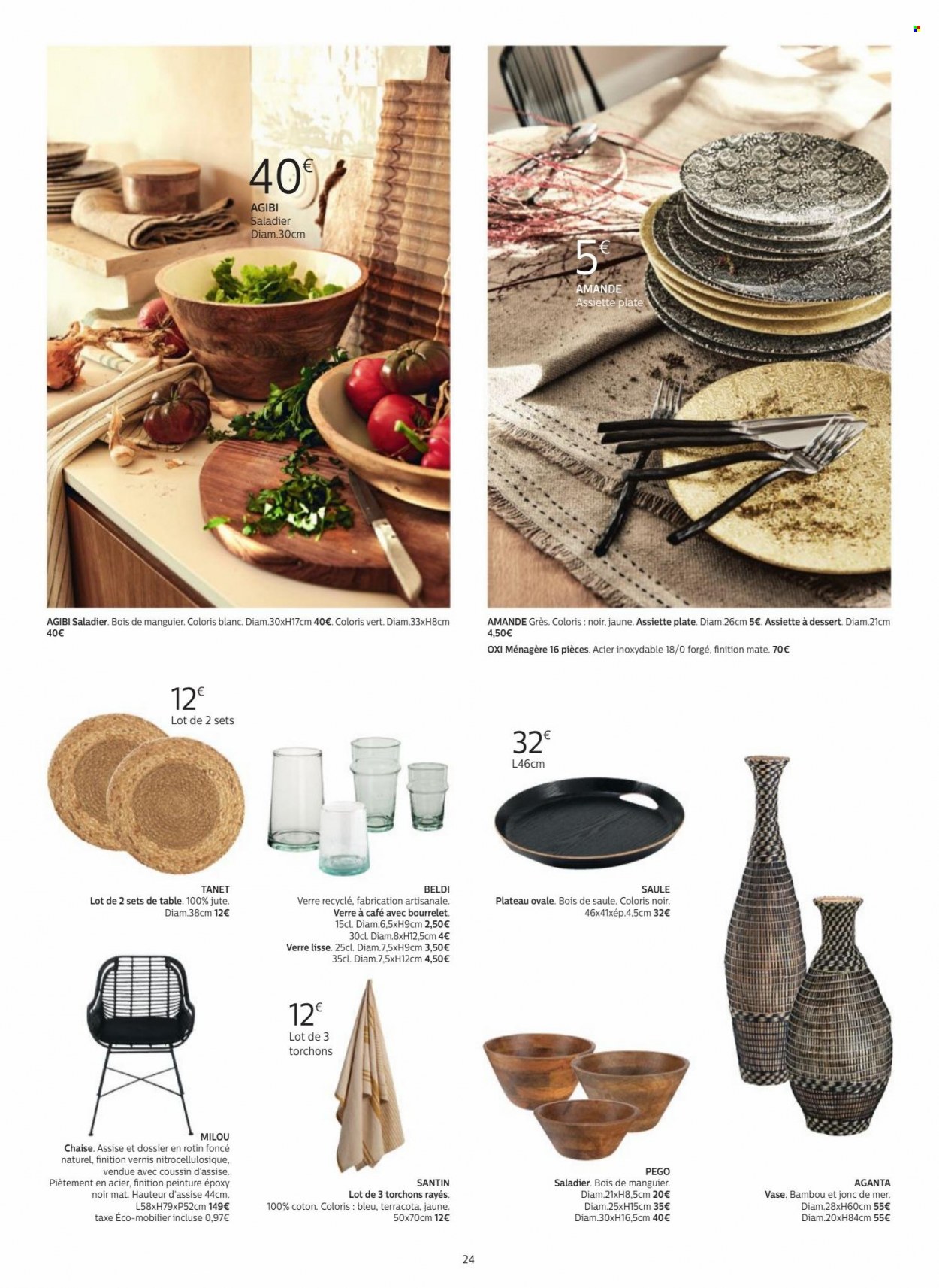 thumbnail - Catalogue alinea - Produits soldés - chaise, assiette, ménagère, saladier, verre, torchon, vase. Page 24.
