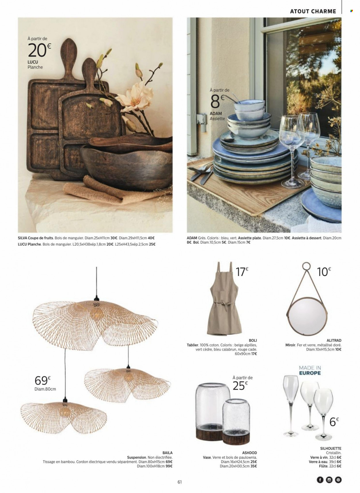 thumbnail - Catalogue alinea - Produits soldés - assiette, verre, tablier, flûte, vase, miroir. Page 61.