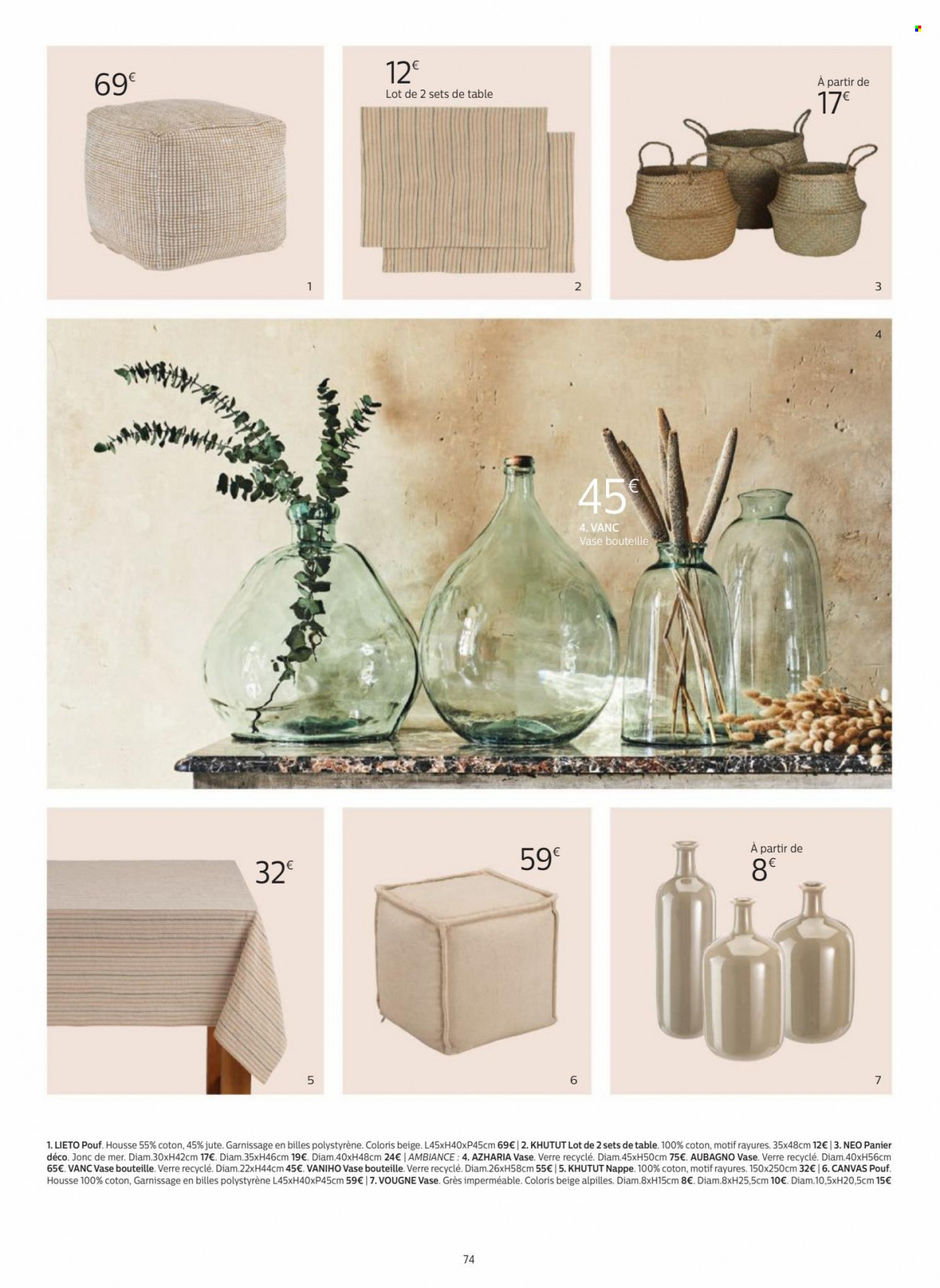thumbnail - Catalogue alinea - Produits soldés - panier, nappe, verre, housse, pouf, vase. Page 74.