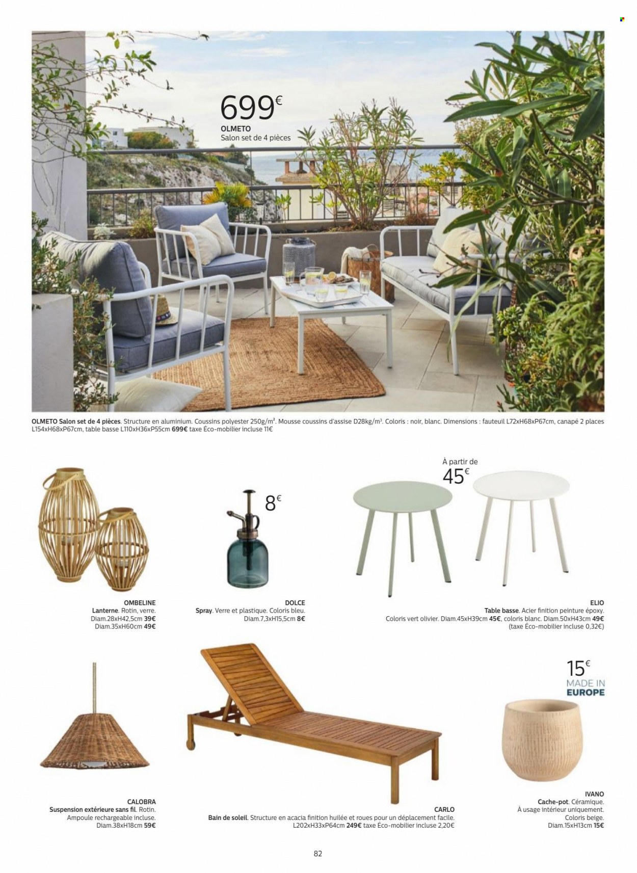 thumbnail - Catalogue alinea - Produits soldés - table, canapé, canapé 2 places, fauteuil, bain de soleil, pot de fleurs. Page 82.