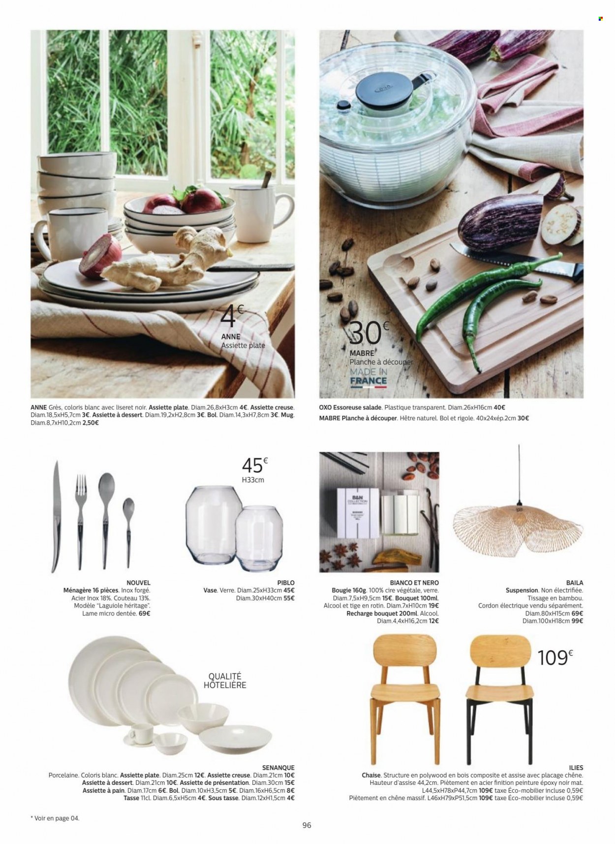 thumbnail - Catalogue alinea - Produits soldés - chaise, couteau, mug, ménagère, verre, planche à découper, bougie, vase. Page 96.