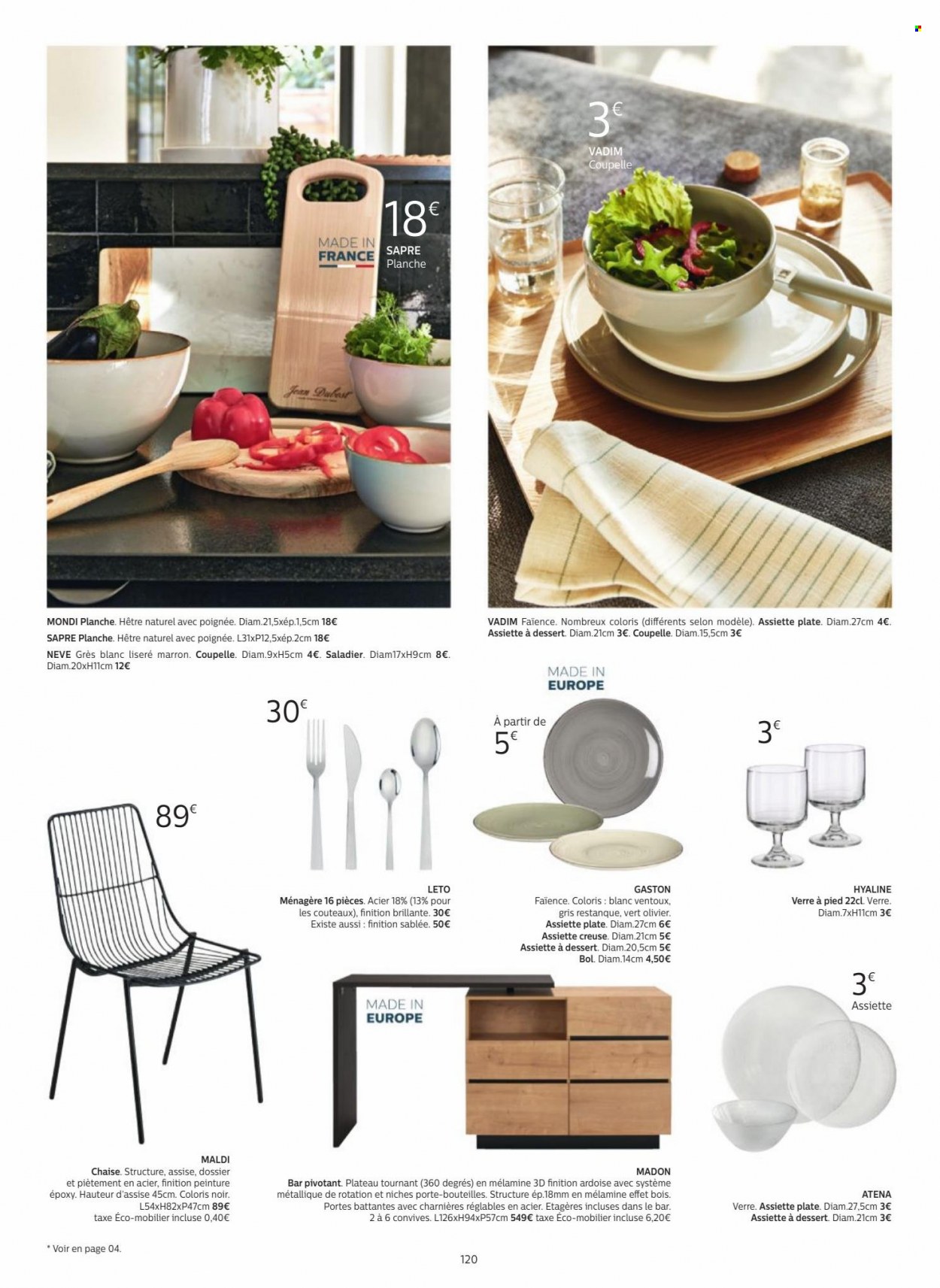 thumbnail - Catalogue alinea - Produits soldés - chaise, assiette, ménagère, saladier, verre, coupelle. Page 120.