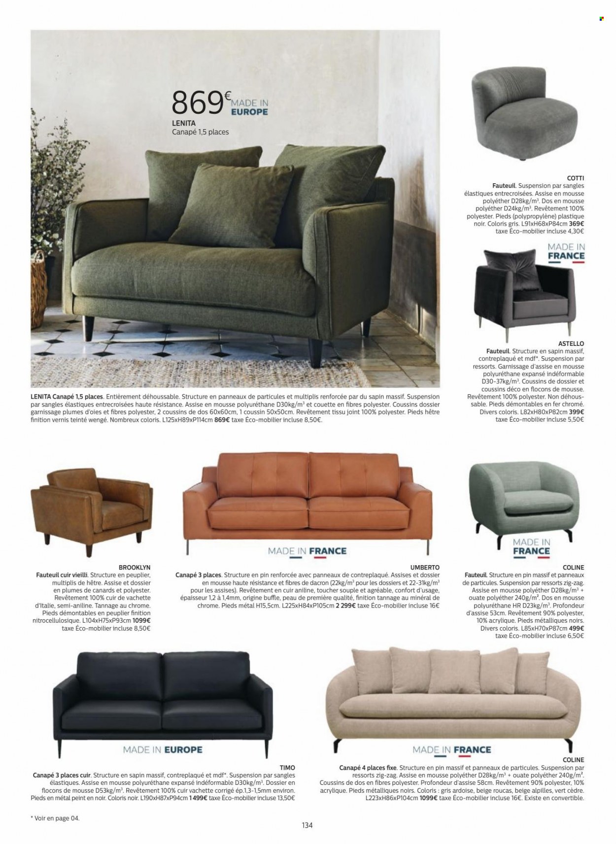 thumbnail - Catalogue alinea - Produits soldés - couette, canapé, canapé 3 places, fauteuil, canapé 4 places. Page 134.
