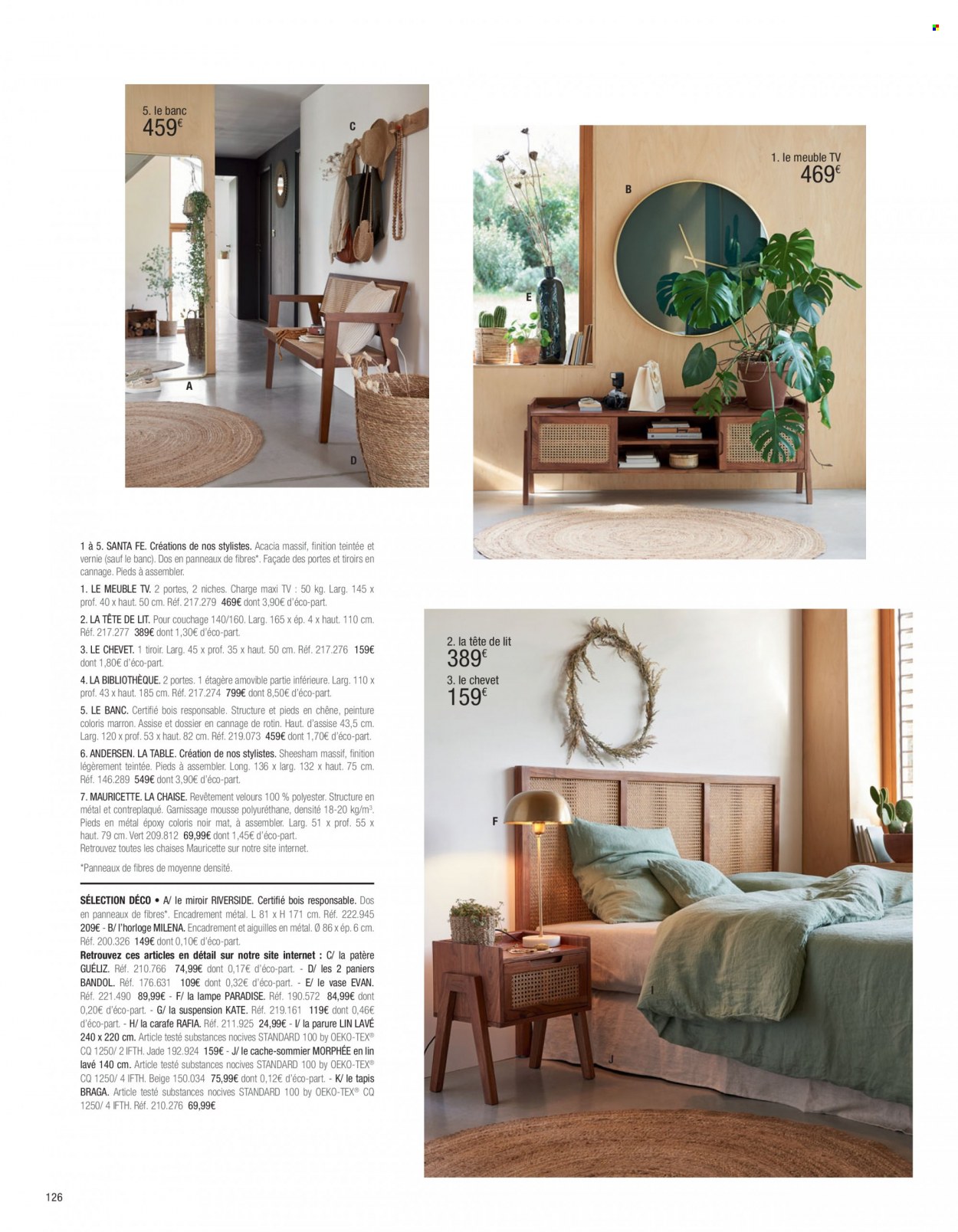 thumbnail - Catalogue Maisons du Monde - Produits soldés - table, carafe, tapis, banc, meuble tv, sommier, horloge, vase, lampe. Page 128.