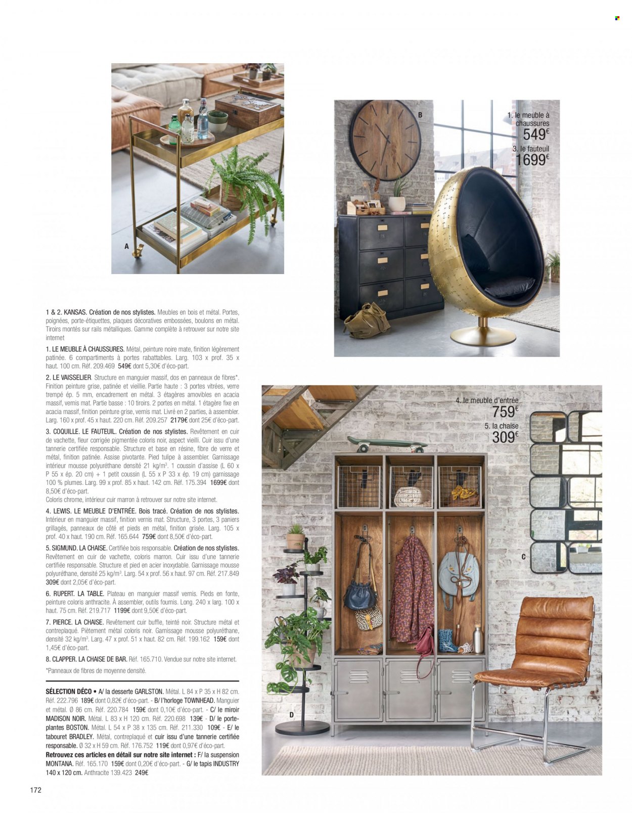 thumbnail - Catalogue Maisons du Monde - Produits soldés - table, tapis, desserte, tabouret, chaise de bar, fauteuil, meuble à chaussures, horloge. Page 174.