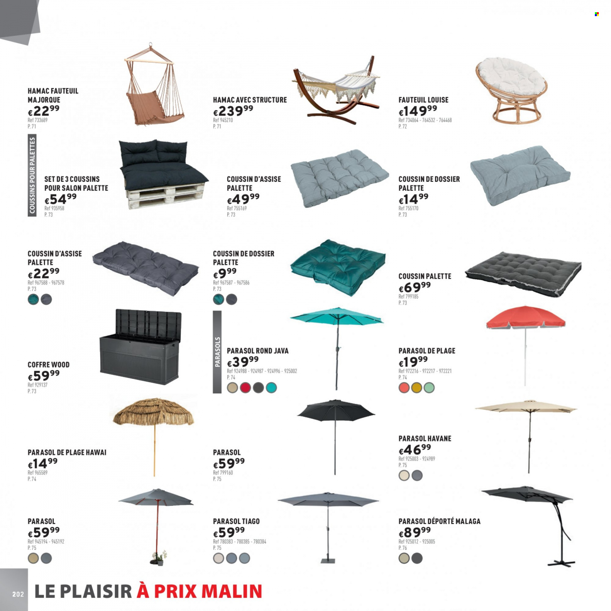 thumbnail - Catalogue Trafic - Produits soldés - Palette, fauteuil, coffre, hand paddle, parasol, parasol déporté. Page 202.