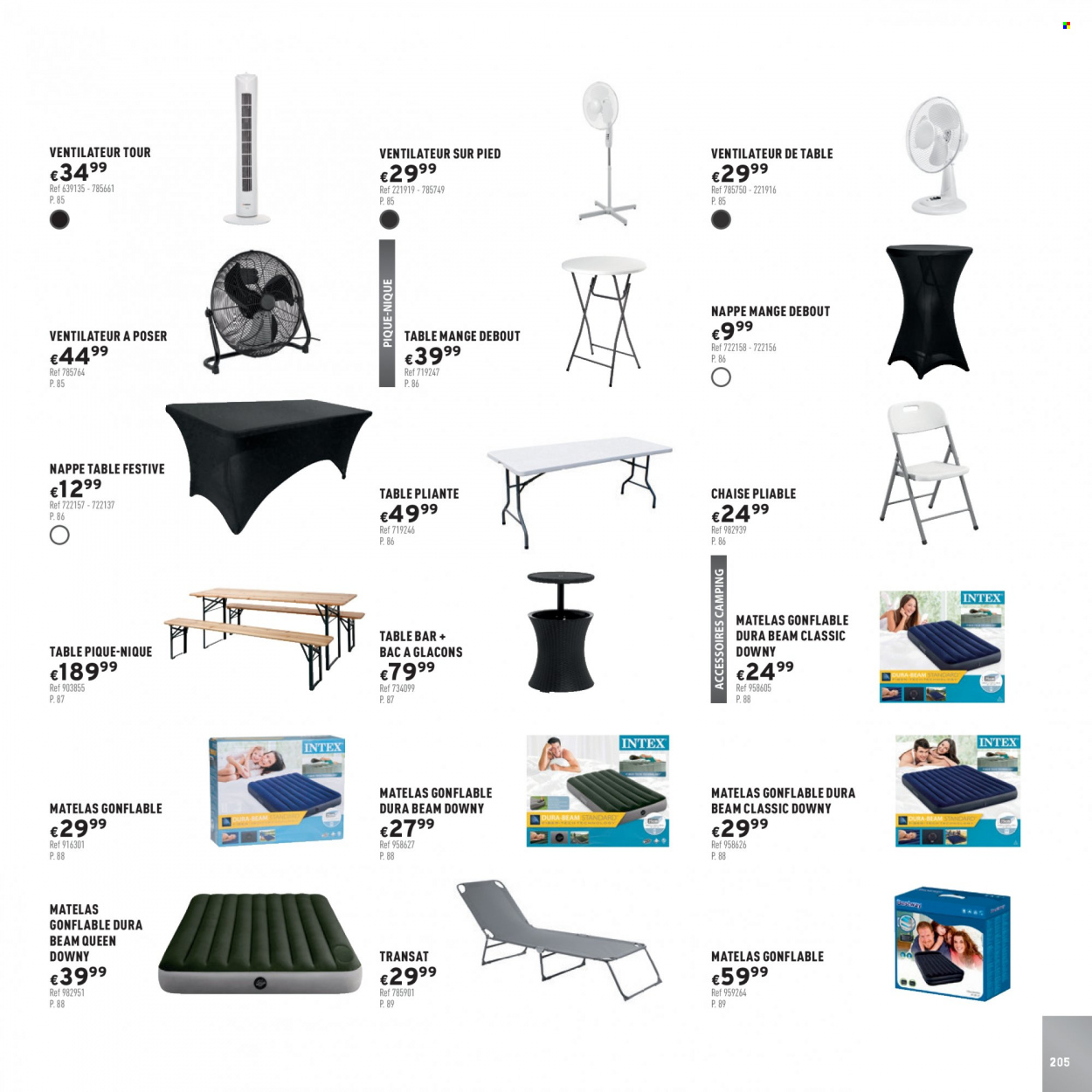 thumbnail - Catalogue Trafic - Produits soldés - chaise, nappe, ventilateur, matelas, matelas gonflable, table pliante, transat. Page 205.