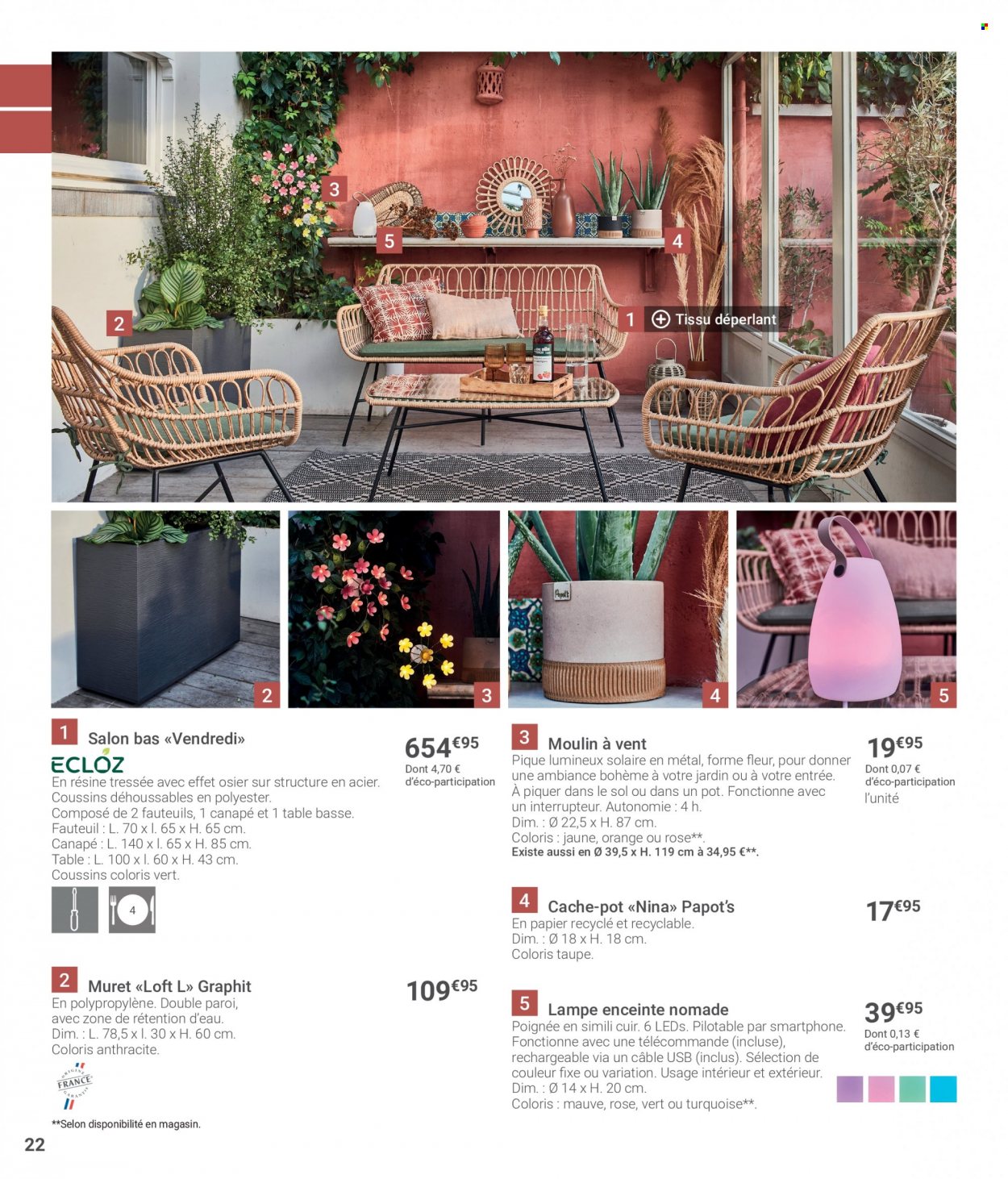 thumbnail - Catalogue Gamm vert - 23/03/2022 - 06/06/2022 - Produits soldés - table, fauteuil, lampe, fleur, pot de fleurs. Page 22.