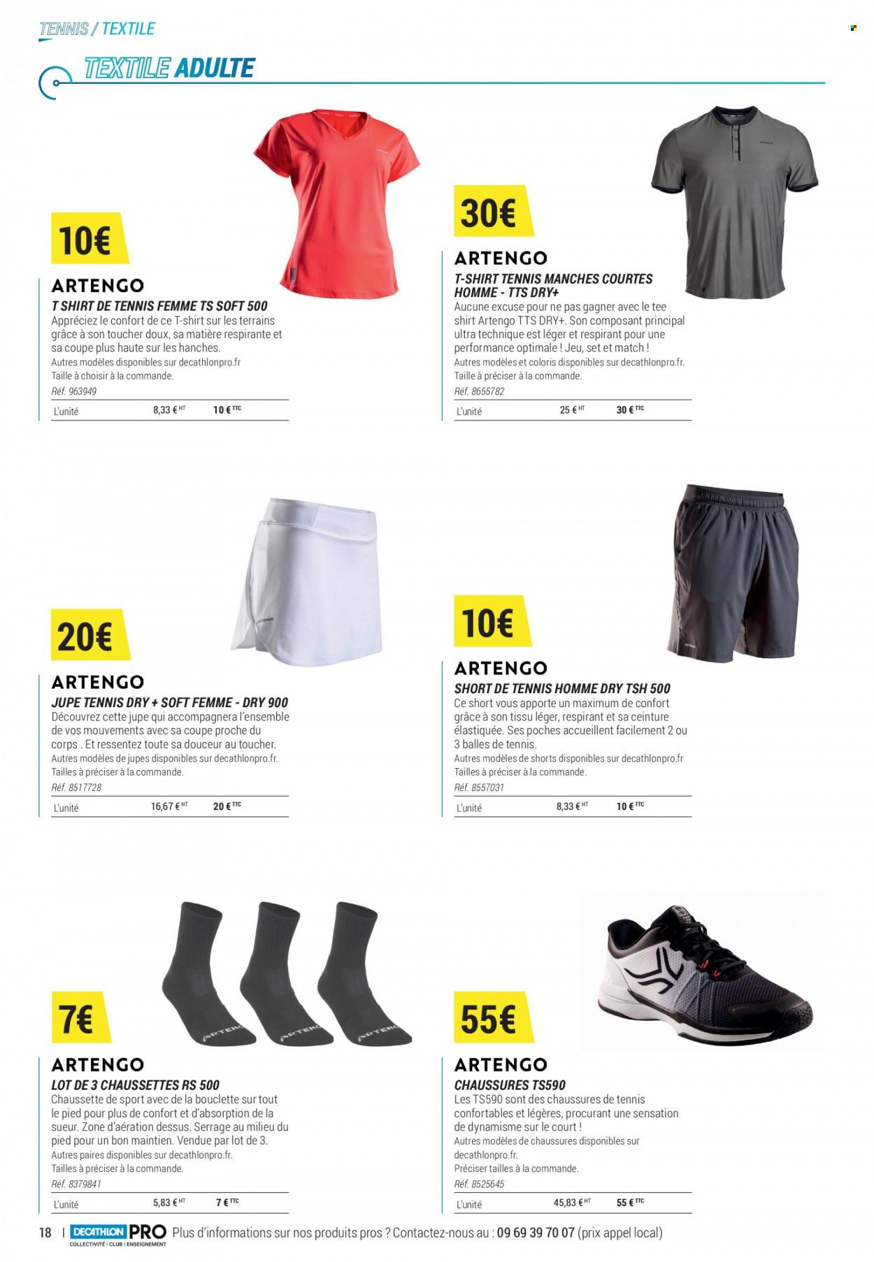 thumbnail - Catalogue Decathlon - Produits soldés - shorts, jupe, t-shirt, chaussettes, ballon. Page 18.