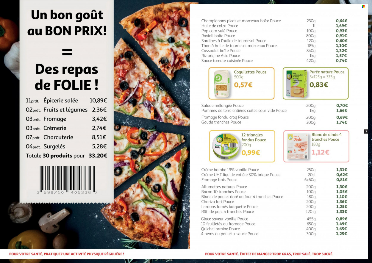 thumbnail - Catalogue Auchan - 05/04/2022 - 05/06/2022 - Produits soldés - rôti de porc, viande de porc, salade, pommes de terre, quiche, sardines, cassoulet, ravioli, feuilletés apéritifs, allumettes, nems, chorizo, blanc de poulet, bacon, fromage frais, glace, sauce tomate, riz, huile de colza. Page 2.