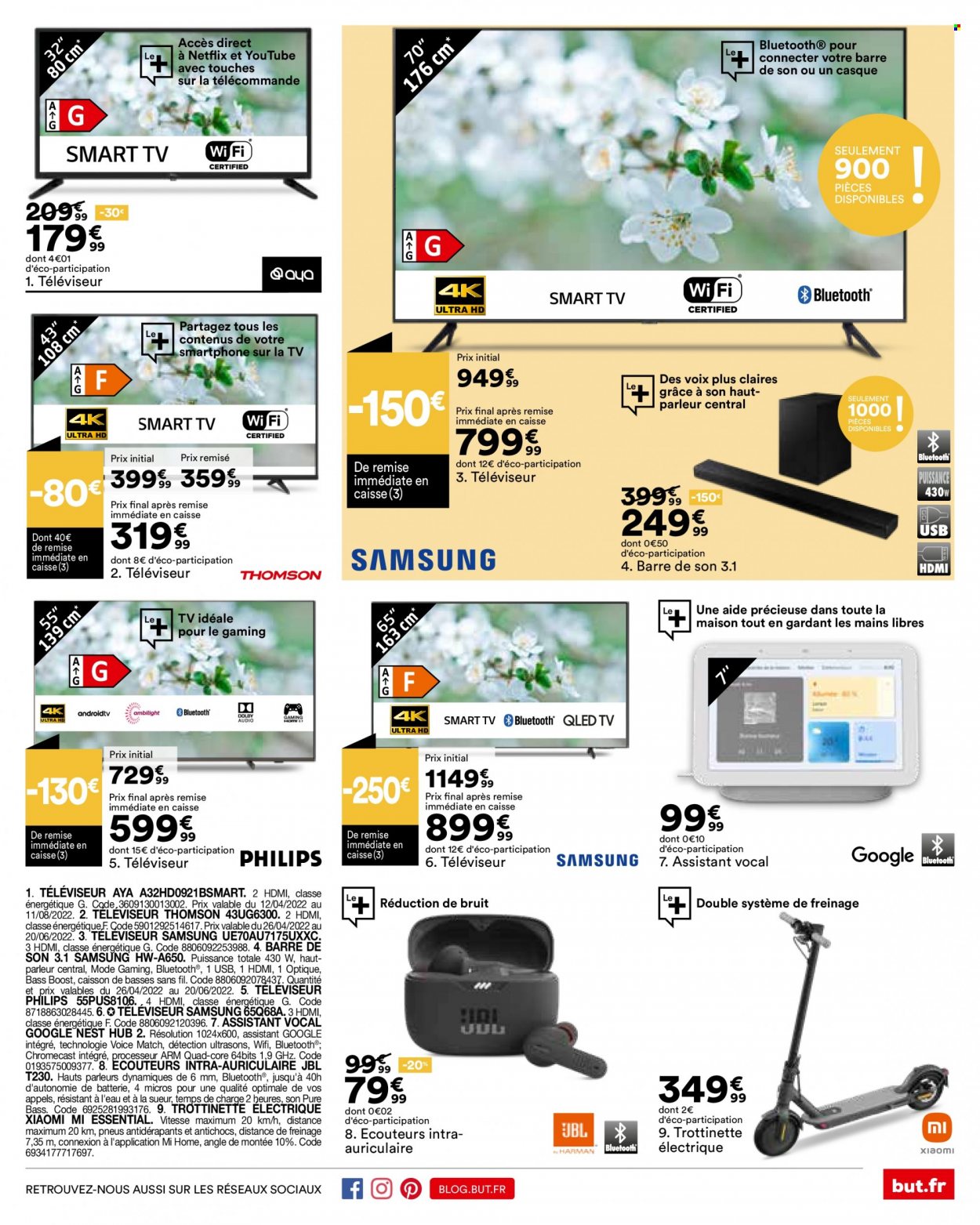 thumbnail - Catalogue BUT - 26/04/2022 - 23/05/2022 - Produits soldés - Thomson, Aya, Philips, Samsung, Xiaomi, JBL, téléviseur, barre de son, écouteurs. Page 35.