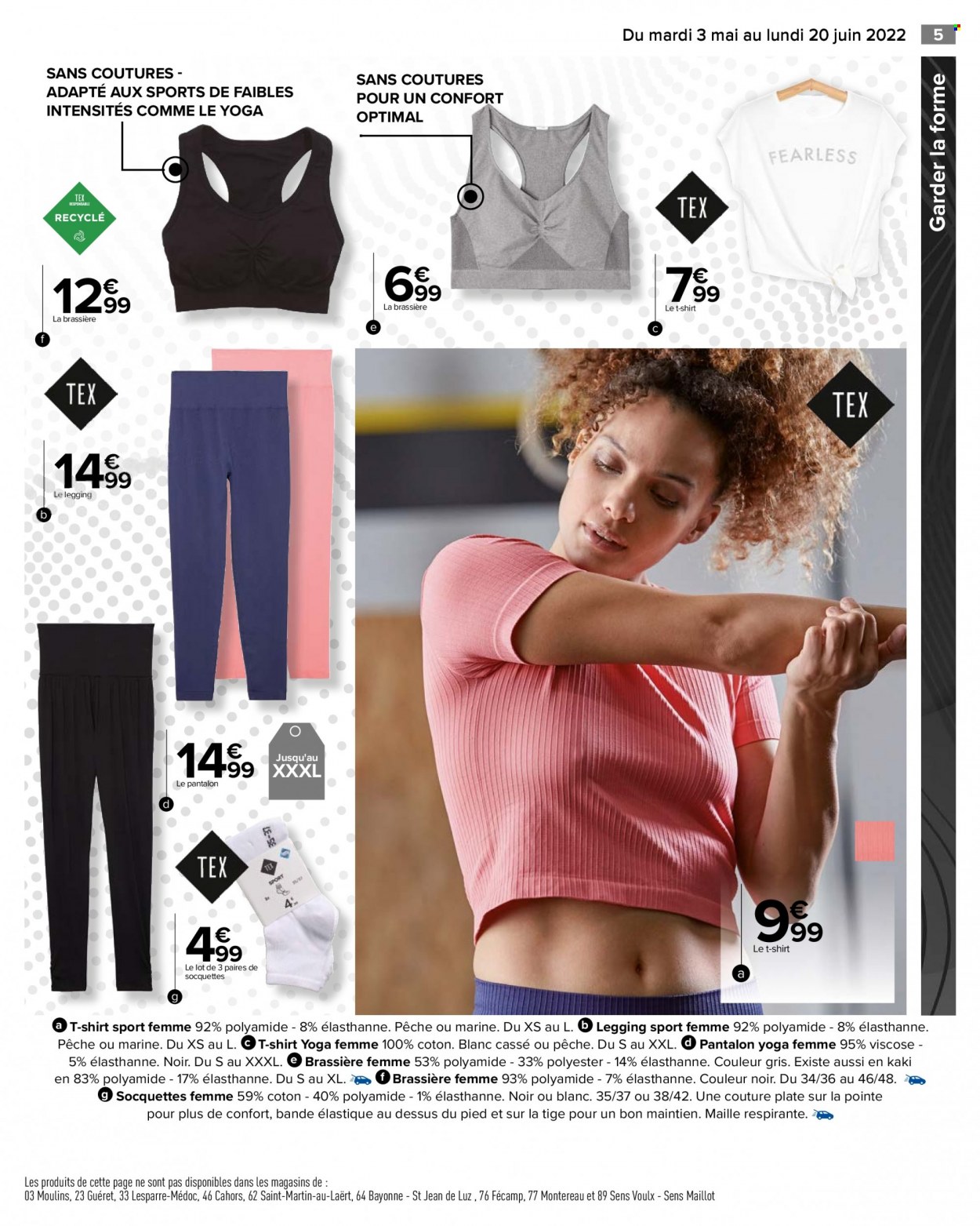 thumbnail - Catalogue Carrefour Hypermarchés - 03/05/2022 - 20/06/2022 - Produits soldés - kaki, Maille, pantalon, t-shirt, brassière, leggings. Page 5.