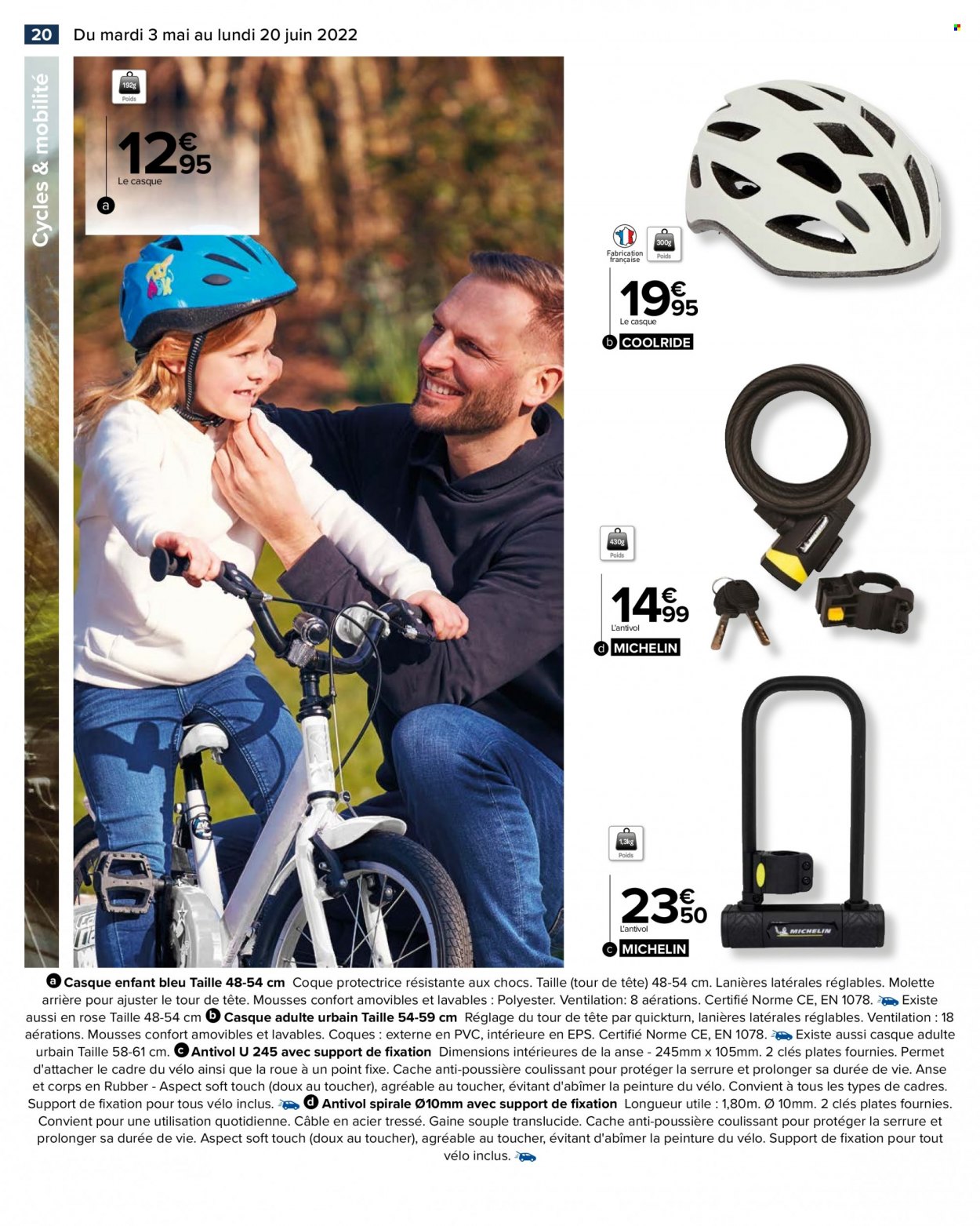 thumbnail - Catalogue Carrefour Hypermarchés - 03/05/2022 - 20/06/2022 - Produits soldés - casque, vélo, Michelin. Page 20.
