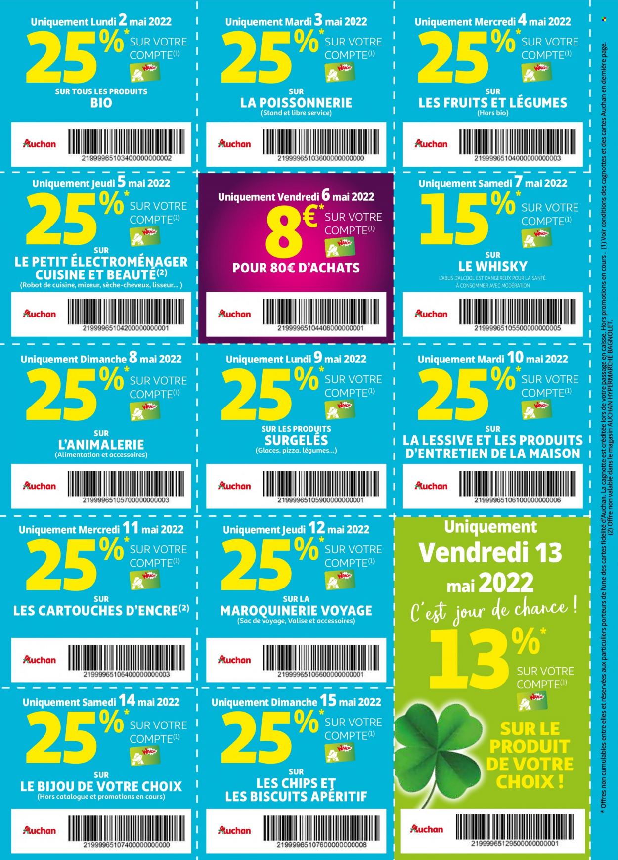 thumbnail - Catalogue Auchan - 02/05/2022 - 29/05/2022 - Produits soldés - alcool, chips, whisky, apéritif, lessive, robot de cuisine, mixeur, fer à cheveux, sèche-cheveux, cartouche jet, valise, sac de voyage. Page 2.