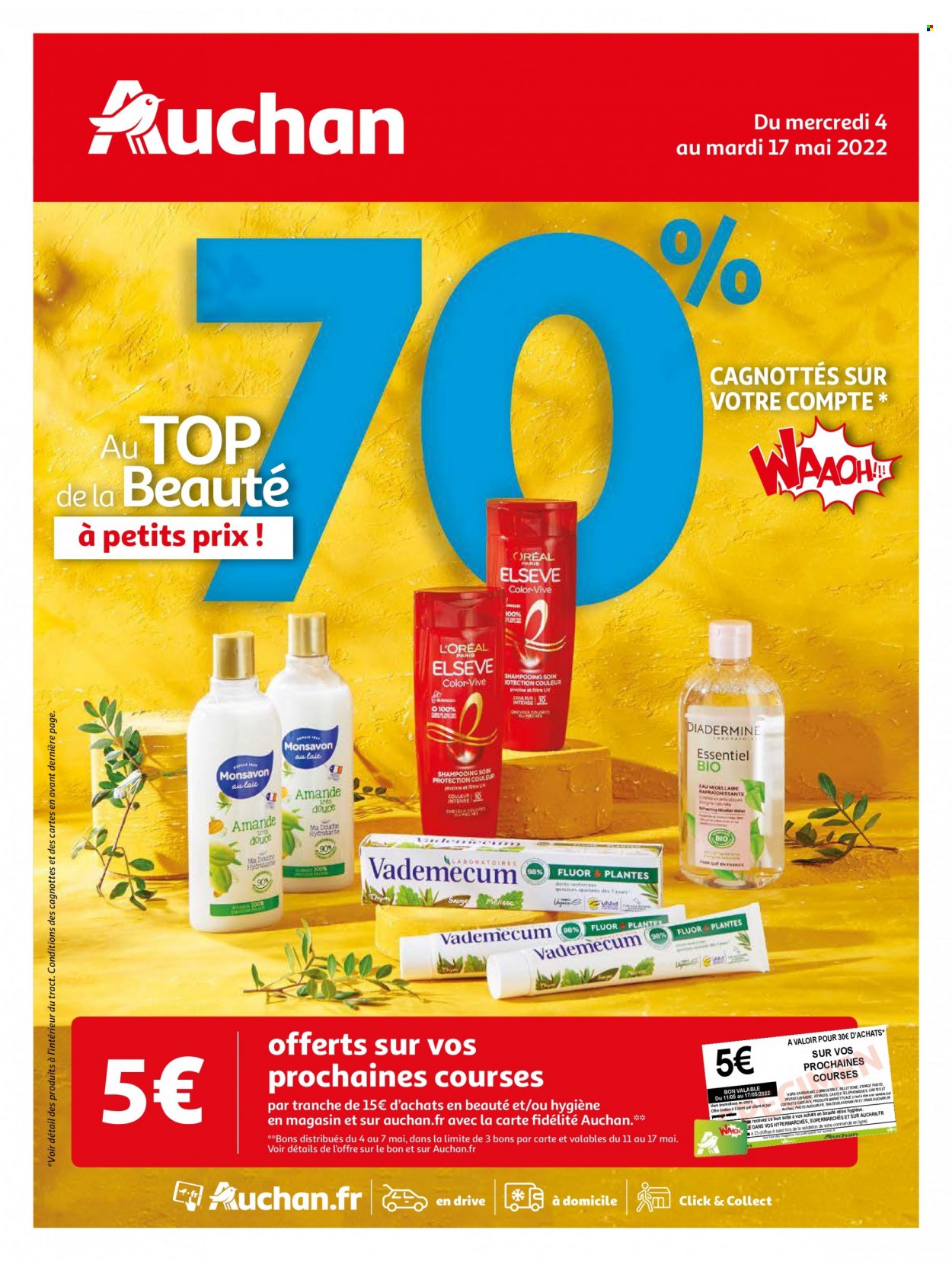 thumbnail - Catalogue Auchan - 04/05/2022 - 17/05/2022 - Produits soldés - L'Oréal, Diadermine, Elseve, pivoine. Page 1.